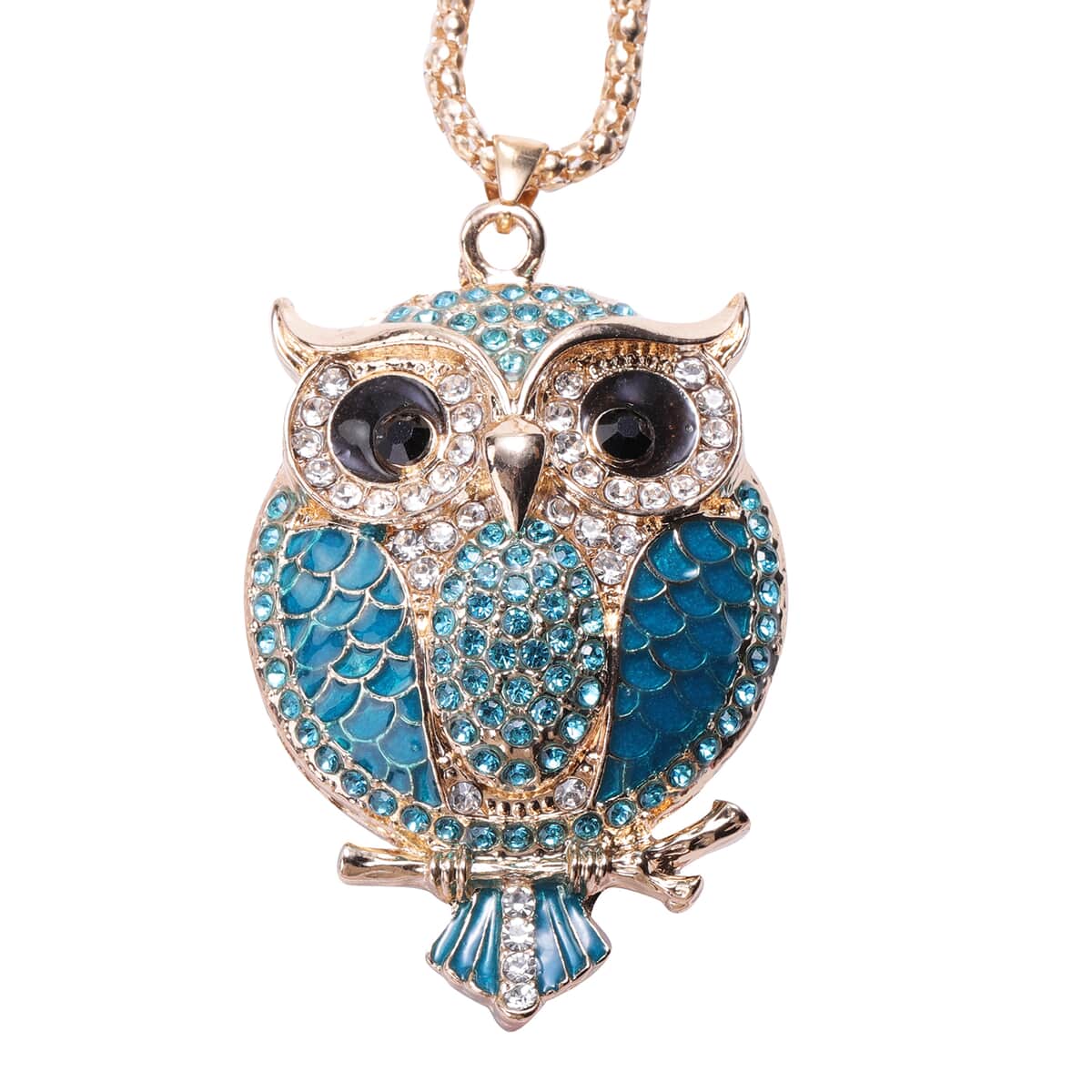 Multi Color Austrian Crystal and Lab Created Cats Eye Champagne Enameled Owl Pendant Necklace in Dualtone 28 Inches with Compact Mirror image number 1
