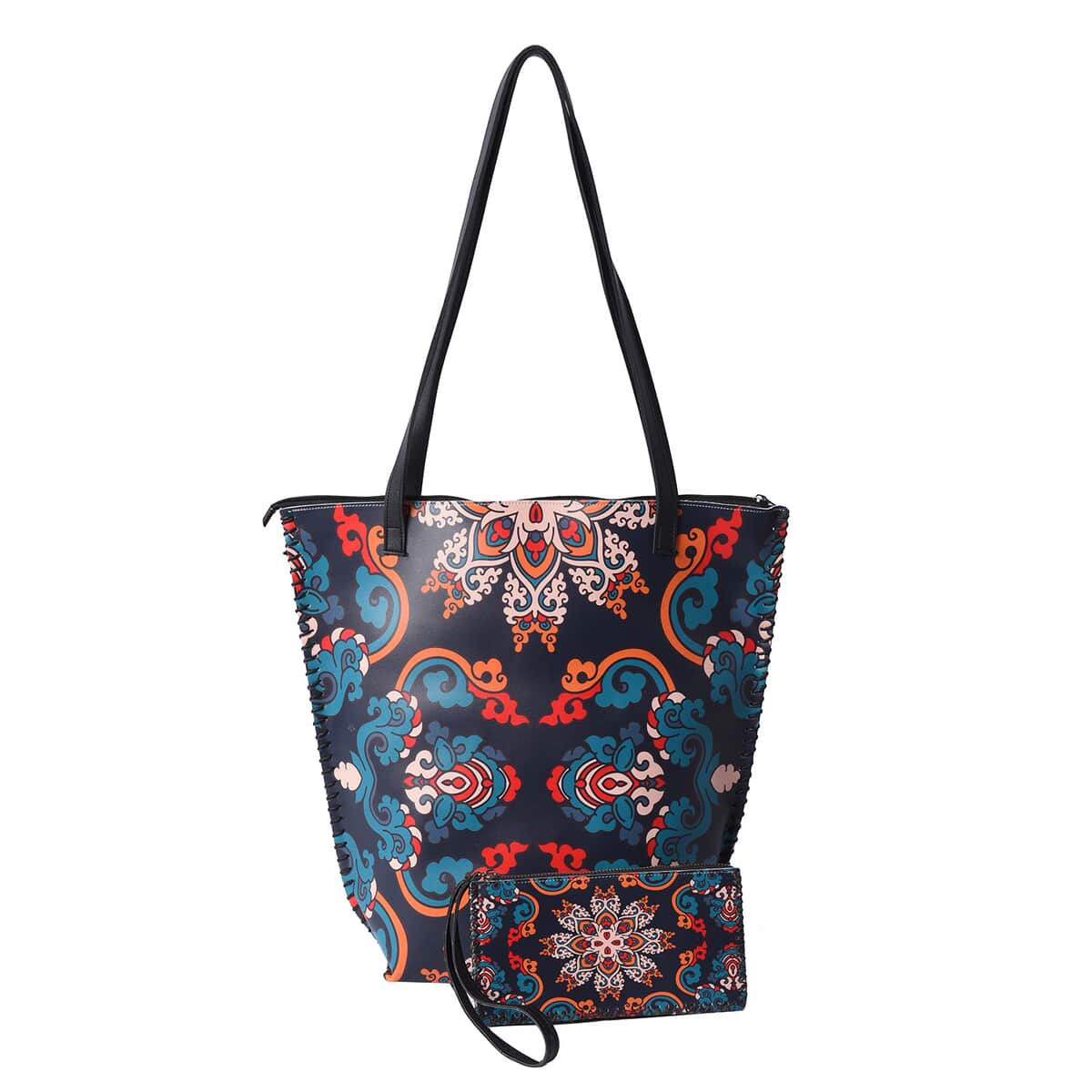 Asian Ethnic Pattern Collection Navy with Dew Digital Print Pattern Faux Leather Tote Bag with Clutch image number 0