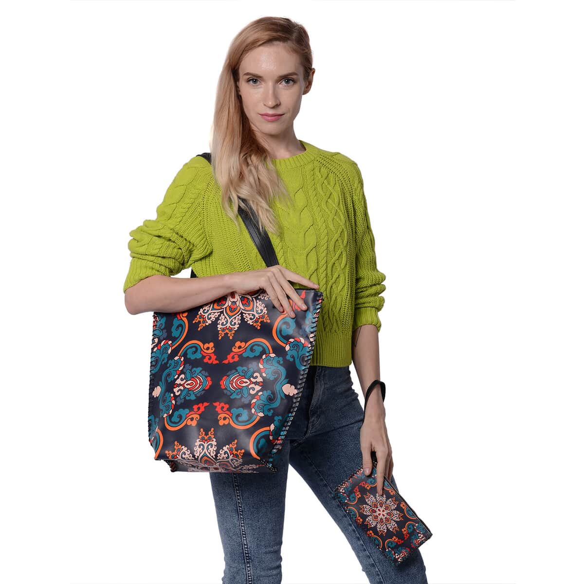 Asian Ethnic Pattern Collection Navy with Dew Digital Print Pattern Faux Leather Tote Bag with Clutch image number 1