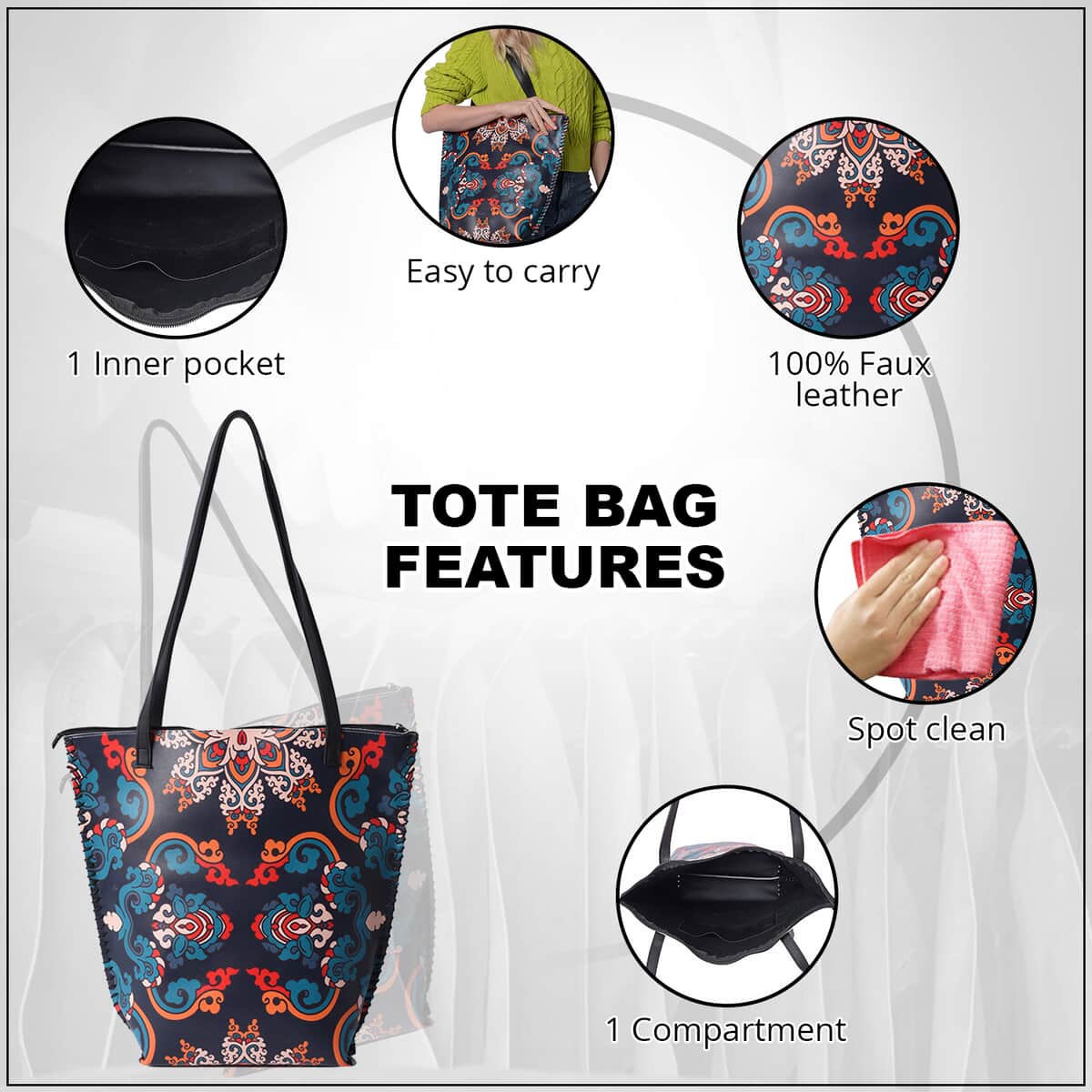 Asian Ethnic Pattern Collection Navy with Dew Digital Print Pattern Faux Leather Tote Bag with Clutch image number 2