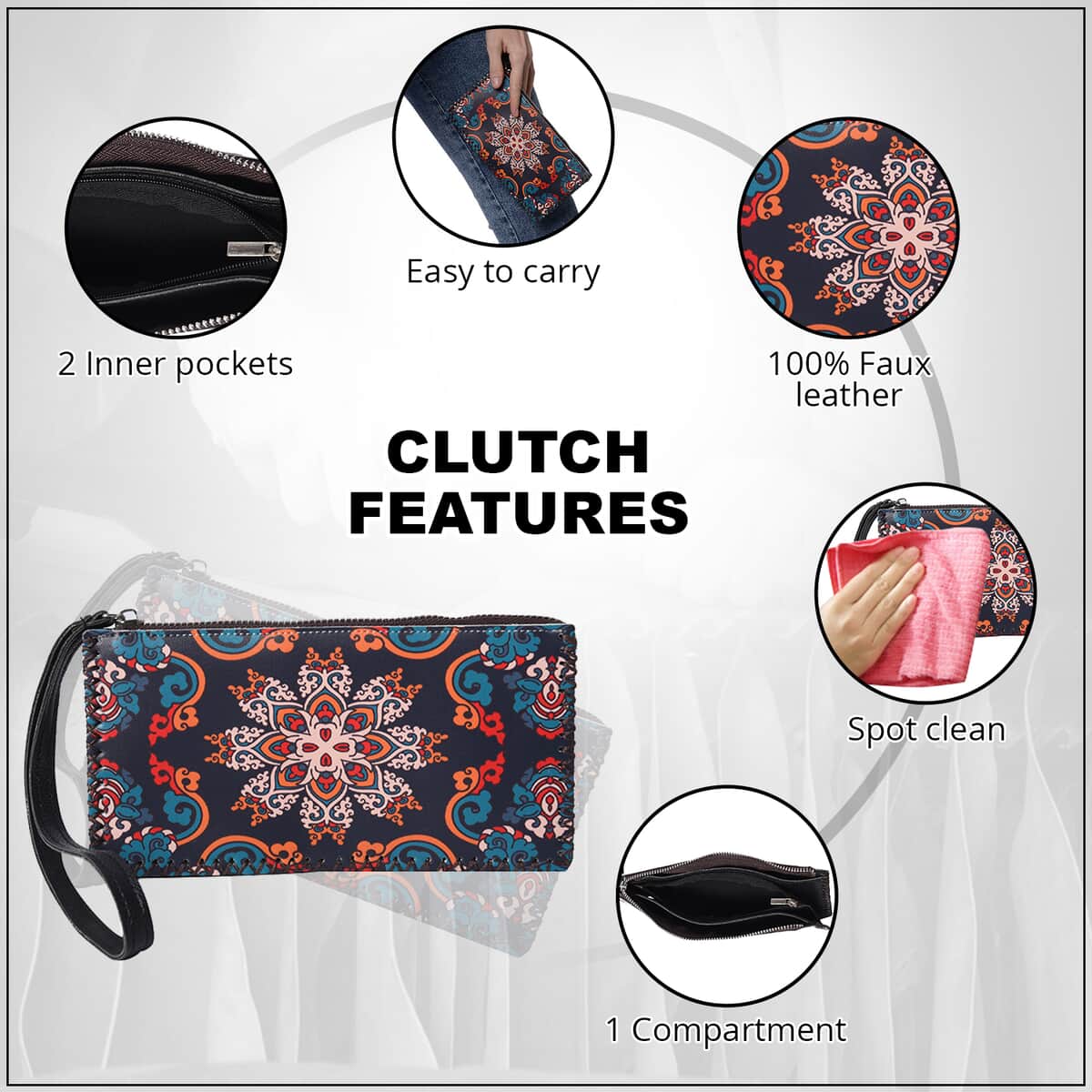 Asian Ethnic Pattern Collection Navy with Dew Digital Print Pattern Faux Leather Tote Bag with Clutch image number 3