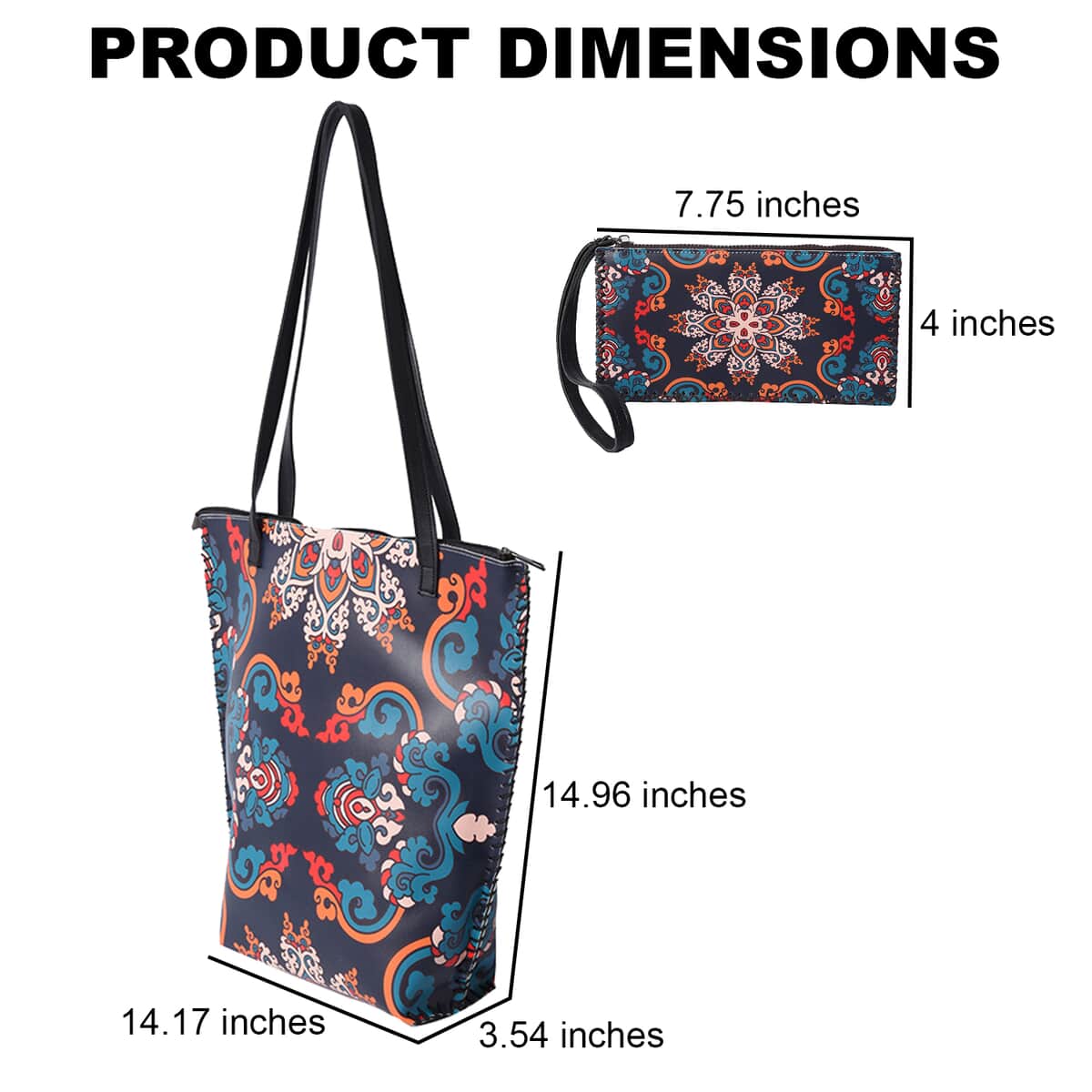 Asian Ethnic Pattern Collection Navy with Dew Digital Print Pattern Faux Leather Tote Bag with Clutch image number 4