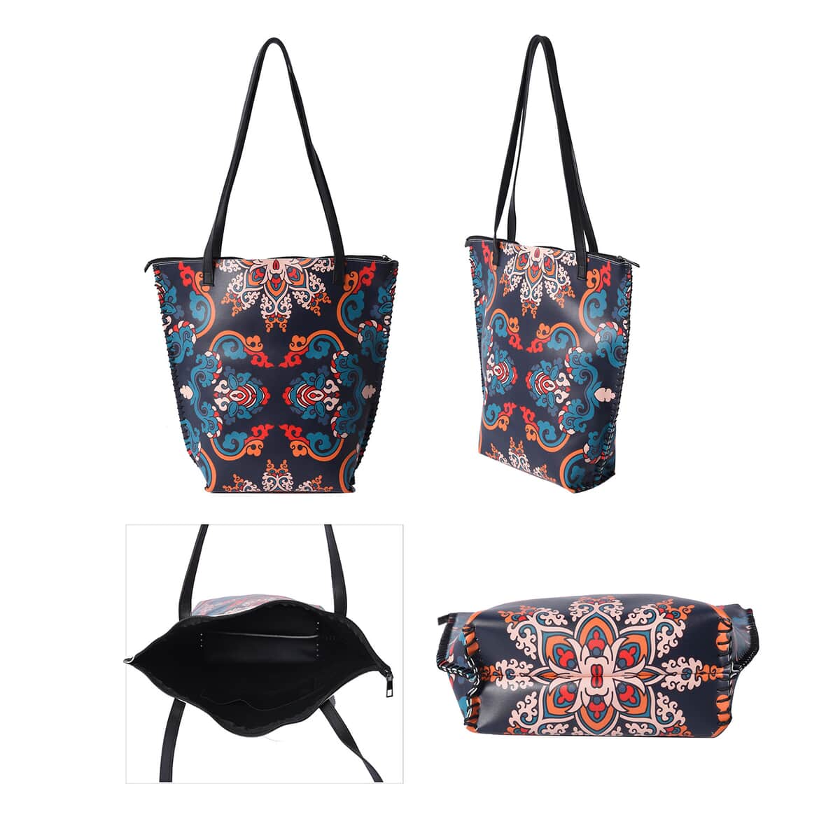 Asian Ethnic Pattern Collection Navy with Dew Digital Print Pattern Faux Leather Tote Bag with Clutch image number 5