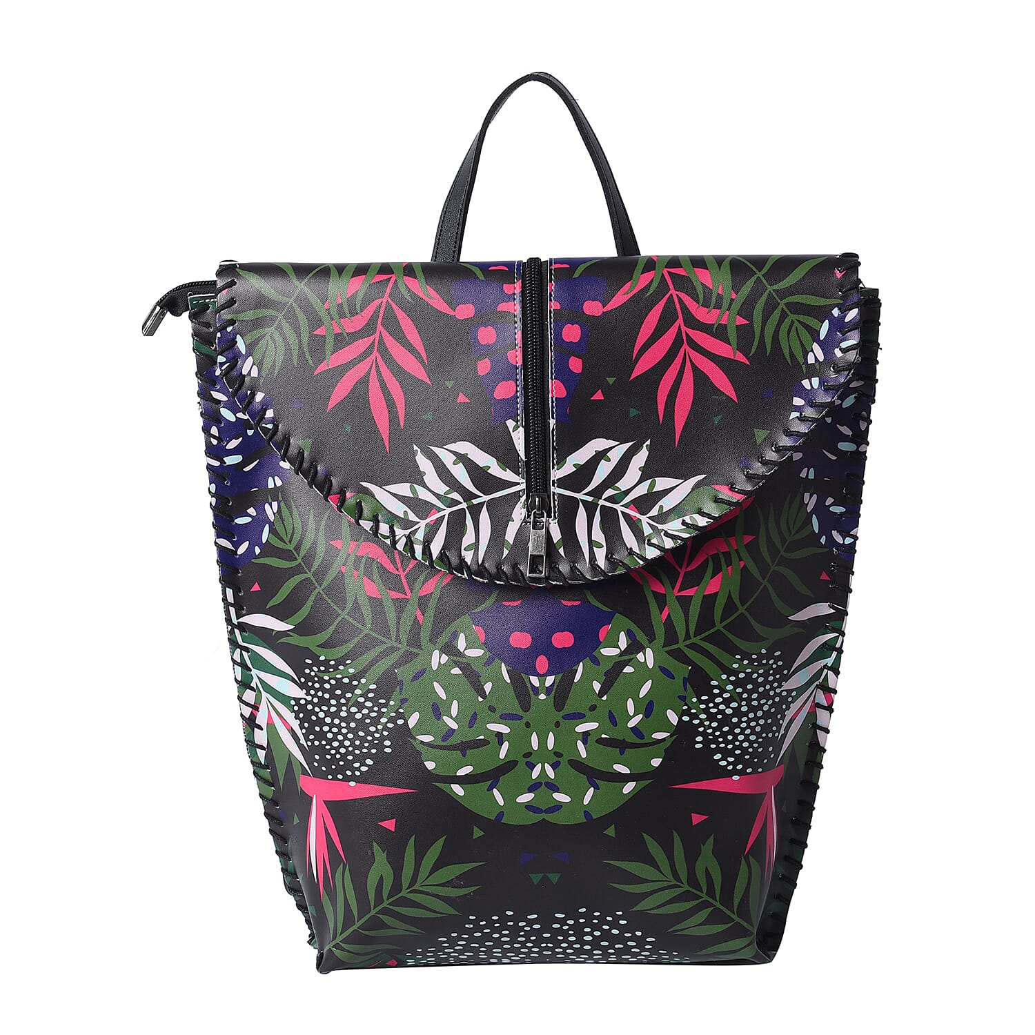 Asian Ethnic Pattern Collection Black with Trees Digital Print Pattern Faux Leather Backpack with Handle Drop and Shoulder Strap
