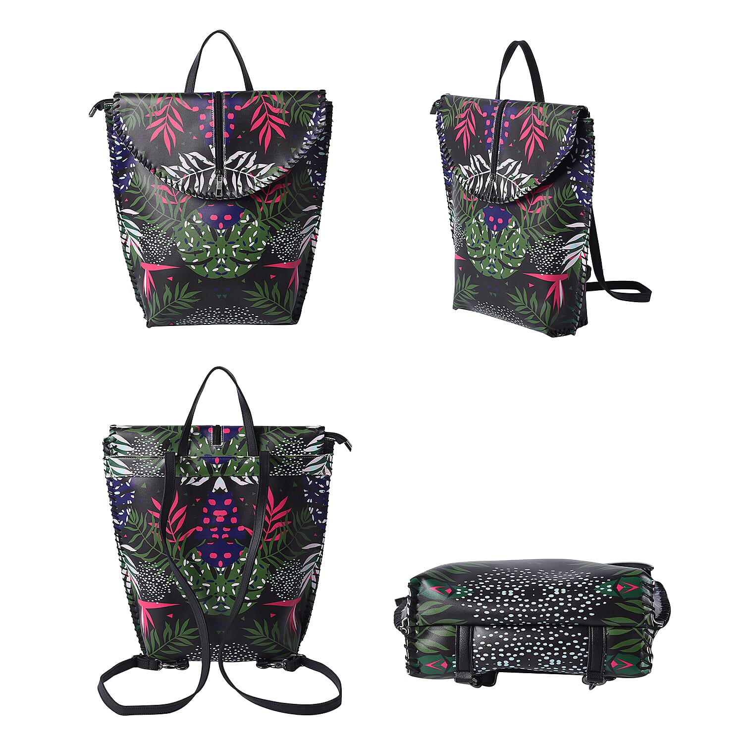 Asian Ethnic Pattern Collection Black with Trees Digital Print Pattern Faux Leather Backpack with Handle Drop and Shoulder Strap