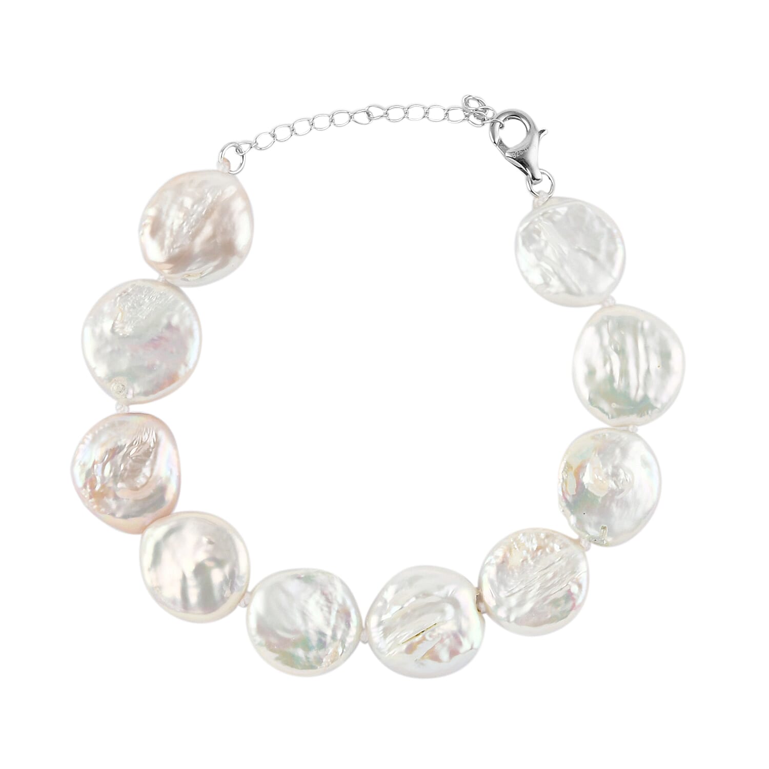 White Keshi Cultured Pearl Bracelet in Sterling Silver (8-10In)