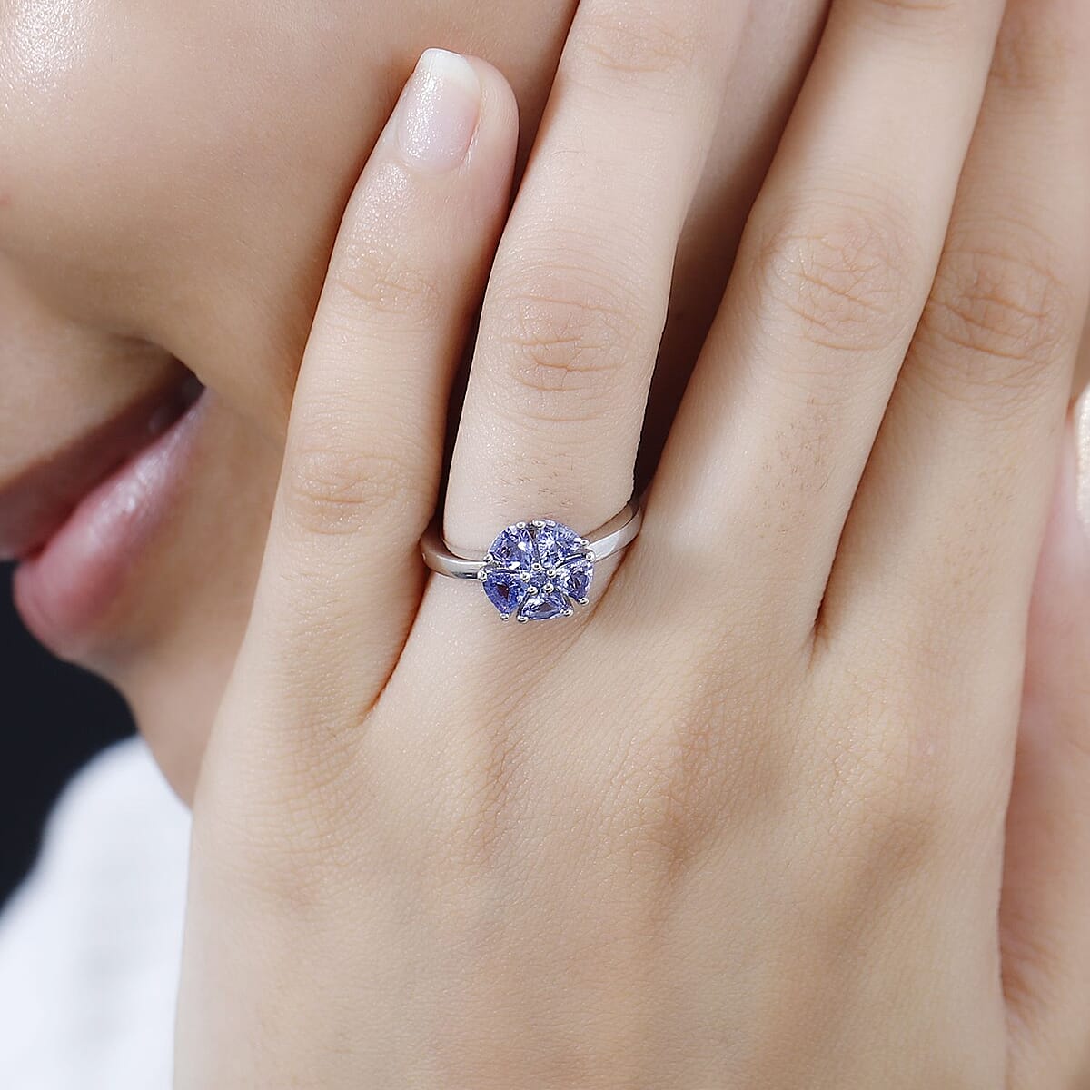 Tanzanite Floral Ring in Platinum Over Sterling Silver (Size 10.0) 1.15 ctw image number 2