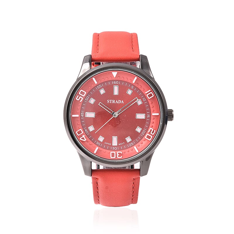 Strada Japanese Movement Water Resistant Watch with Red Faux Leather Band and Stainless Steel Back