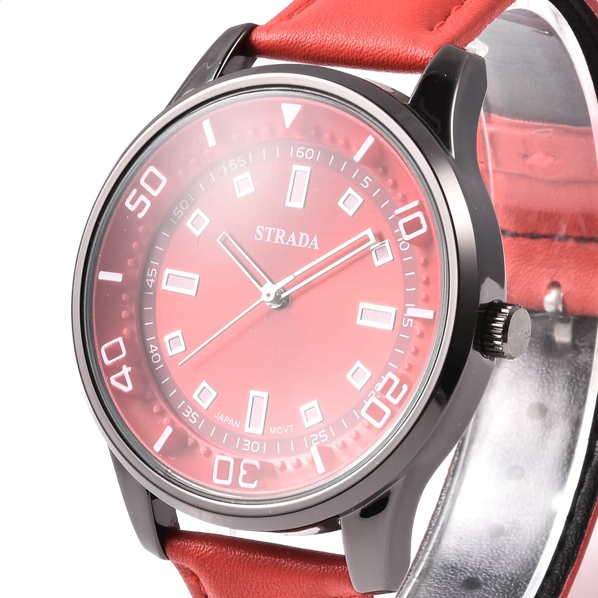 Strada Japanese Movement Water Resistant Watch with Red Faux Leather Band and Stainless Steel Back image number 2