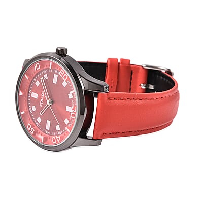 Strada Japanese Movement Water Resistant Watch with Red Faux Leather Band and Stainless Steel Back