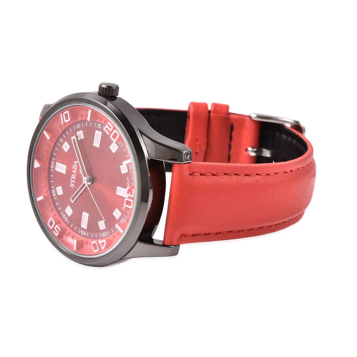 Strada Japanese Movement Water Resistant Watch with Red Faux Leather Band and Stainless Steel Back image number 3