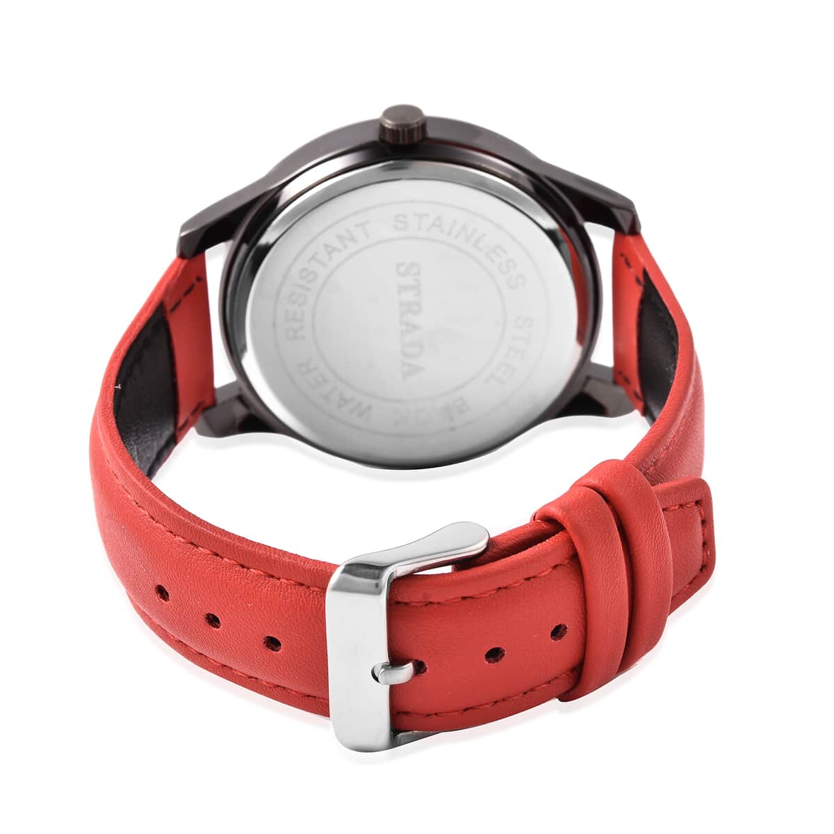 Strada Japanese Movement Water Resistant Watch with Red Faux Leather Band and Stainless Steel Back image number 4
