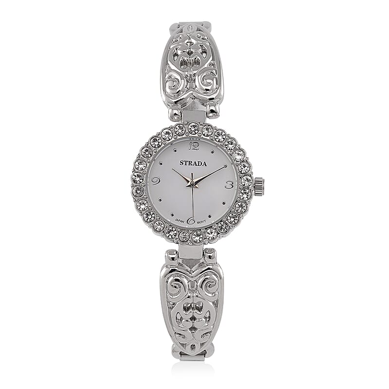 Strada stretchable Austrian Crystal Japanese Movement Water Resistant Bracelet Watch in Stainless Steel Strap and Back (9 In)