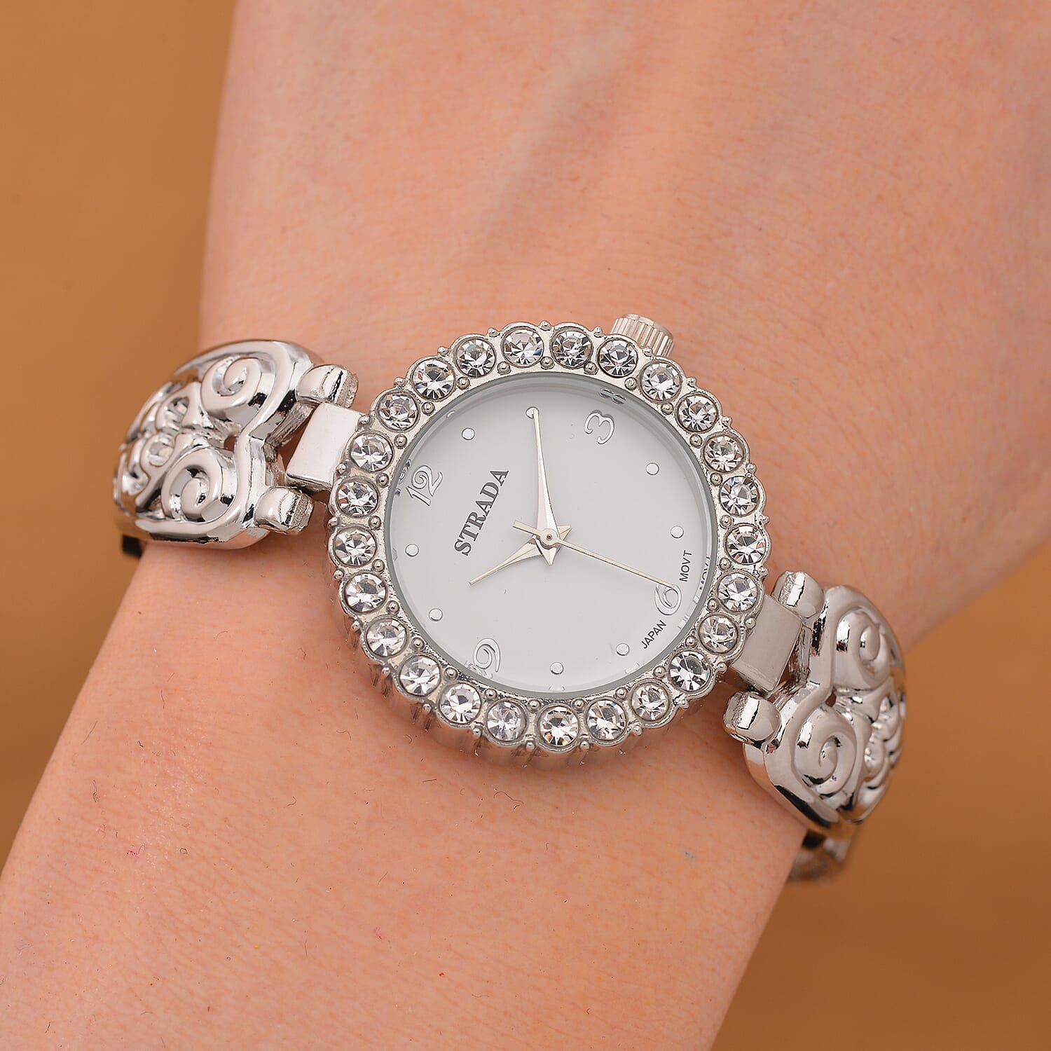 Strada stretchable Austrian Crystal Japanese Movement Water Resistant Bracelet Watch in Stainless Steel Strap and Back (9 In)