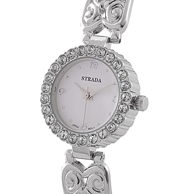 Strada stretchable Austrian Crystal Japanese Movement Water Resistant Bracelet Watch in Stainless Steel Strap and Back (9 In)