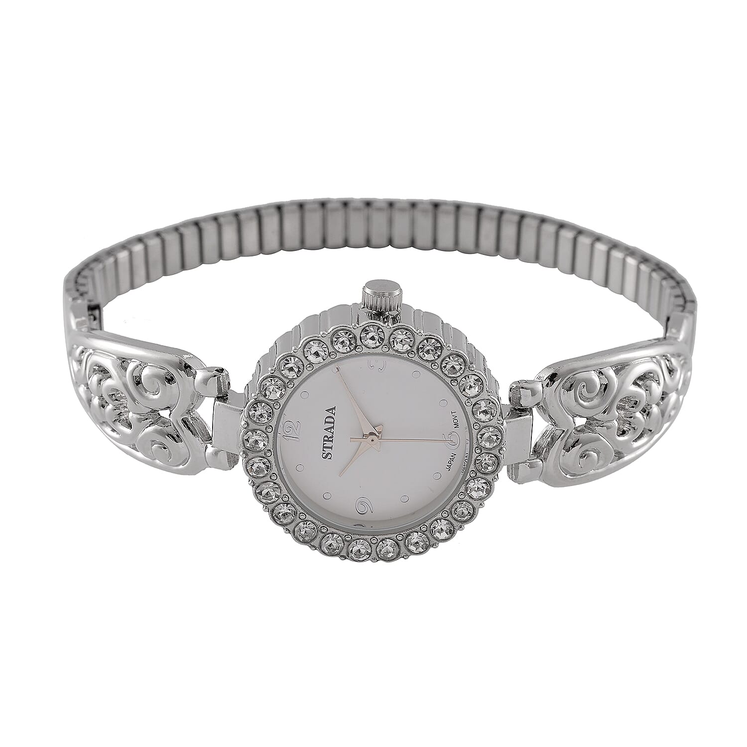 Strada stretchable Austrian Crystal Japanese Movement Water Resistant Bracelet Watch in Stainless Steel Strap and Back (9 In)