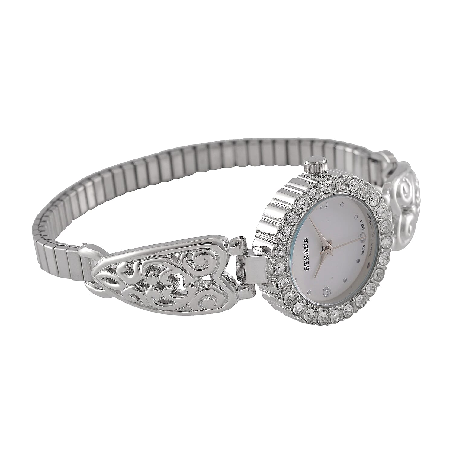Strada stretchable Austrian Crystal Japanese Movement Water Resistant Bracelet Watch in Stainless Steel Strap and Back (9 In)