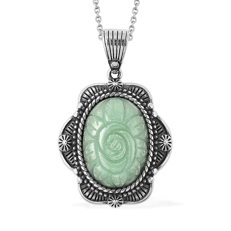 Green Aventurine Carved Rose Pendant Necklace 20 Inches in Stainless Steel 25.00 ctw