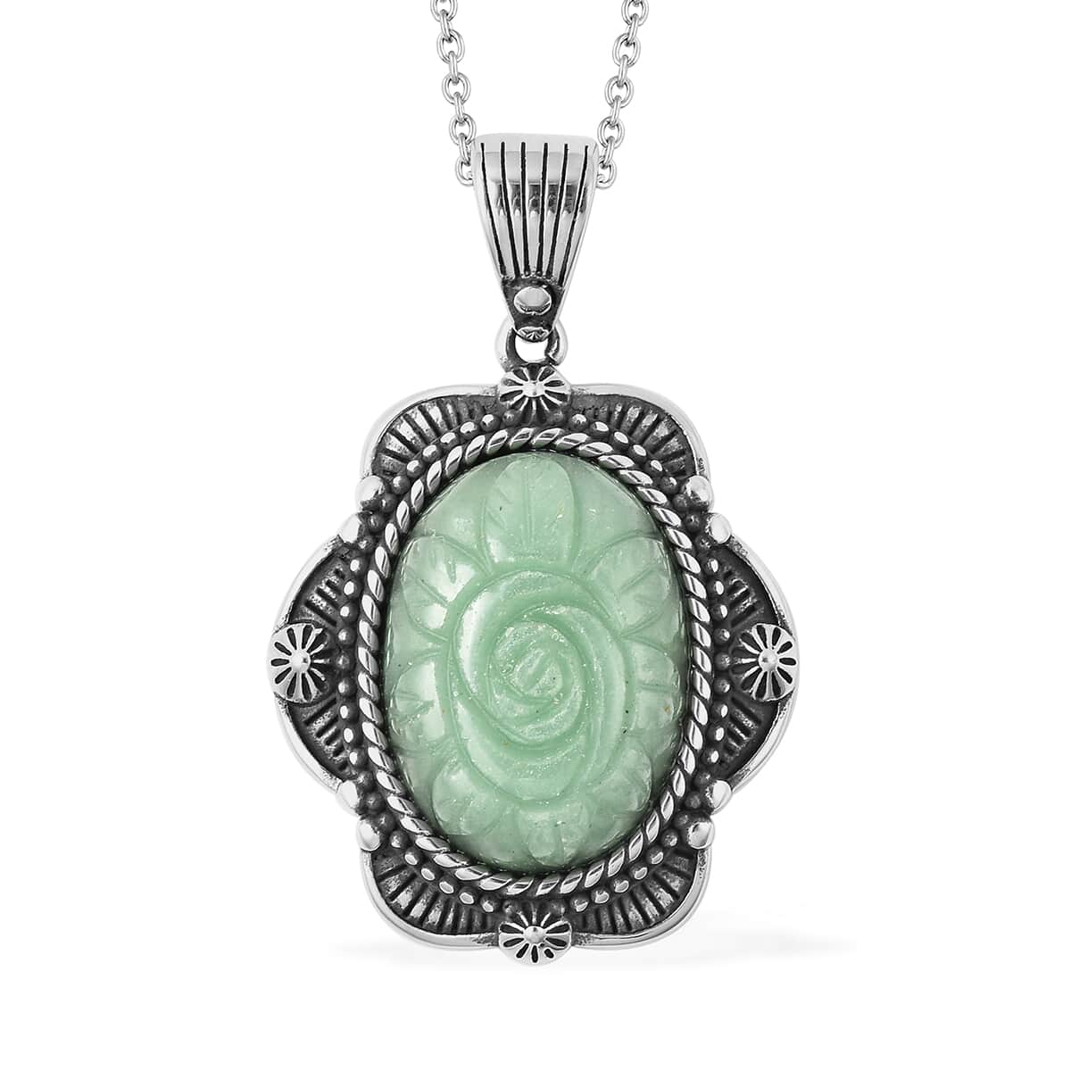 Green Aventurine Carved Rose Pendant Necklace 20 Inches in Stainless Steel 25.00 ctw image number 0