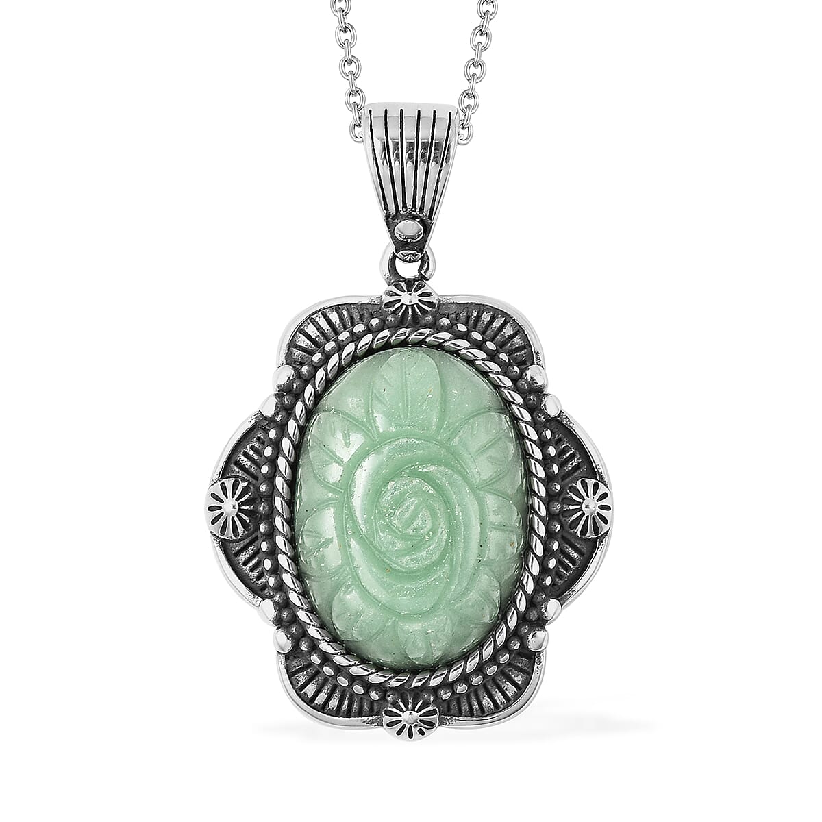 Green Aventurine Carved Rose Pendant Necklace (20 Inches) in Stainless Steel 25.00 ctw image number 0