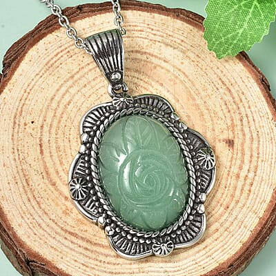 Green Aventurine Carved Rose Pendant Necklace 20 Inches in Stainless Steel 25.00 ctw