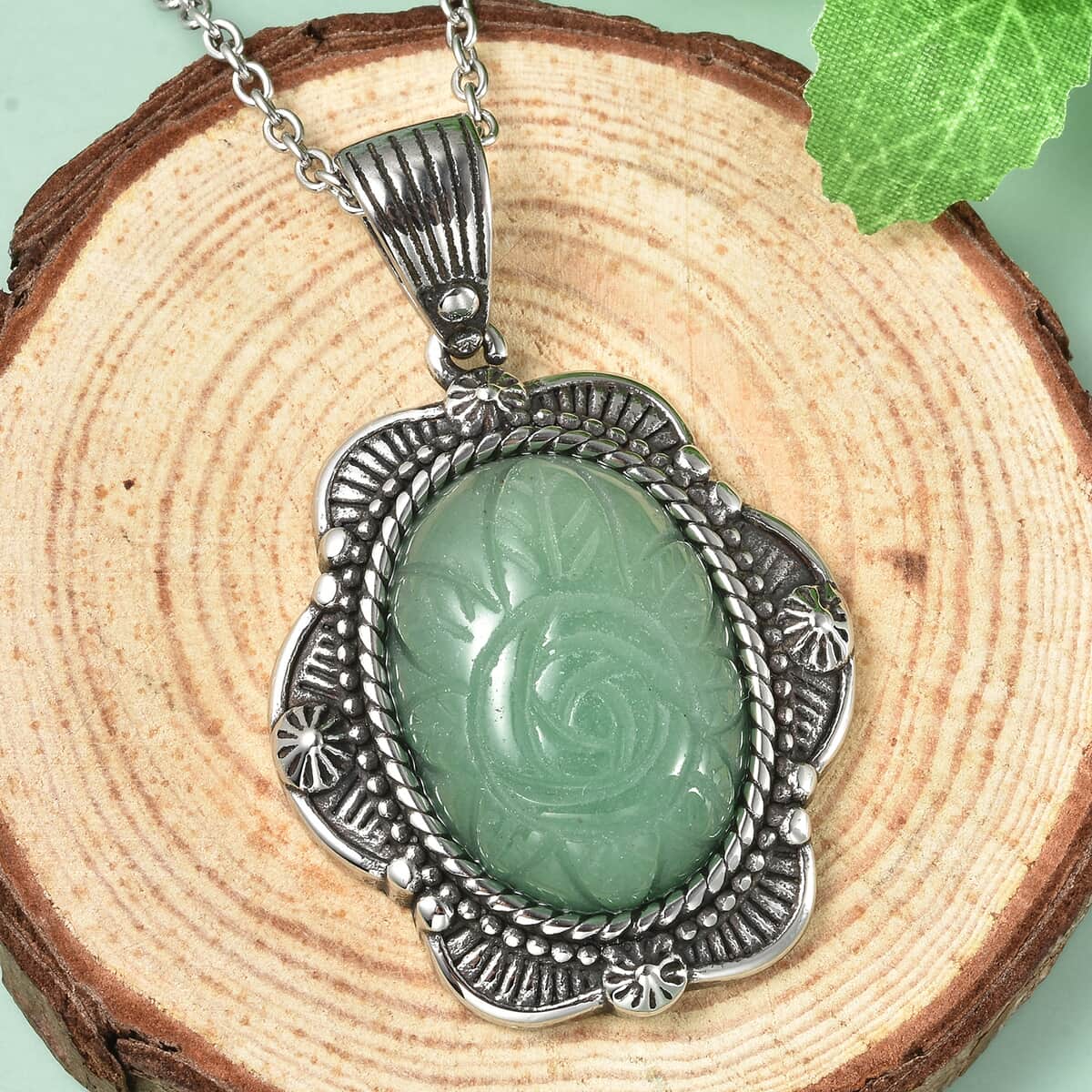 Green Aventurine Carved Rose Pendant Necklace 20 Inches in Stainless Steel 25.00 ctw image number 1