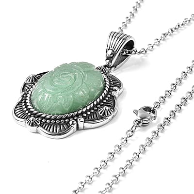 Green Aventurine Carved Rose Pendant Necklace 20 Inches in Stainless Steel 25.00 ctw