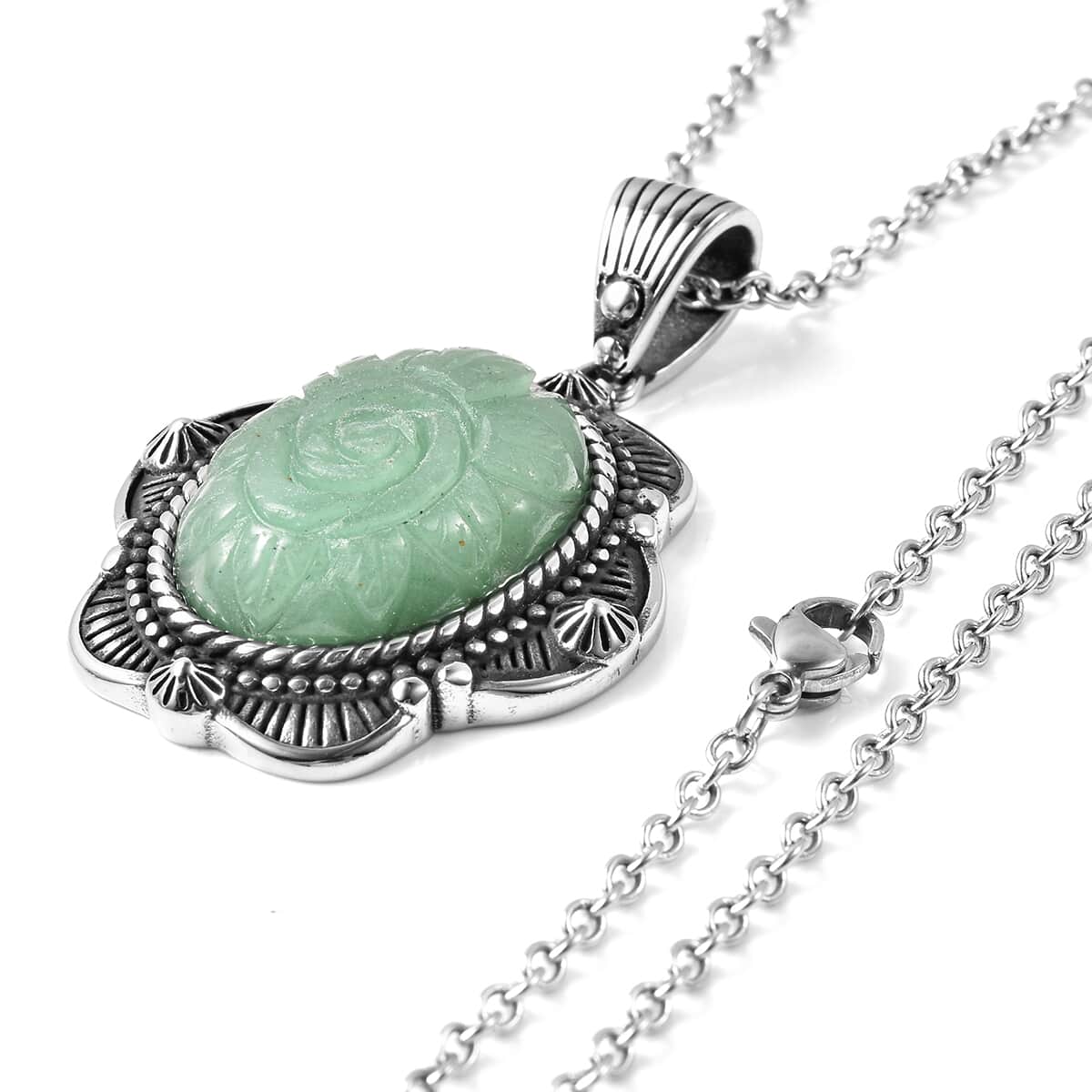 Green Aventurine Carved Rose Pendant Necklace (20 Inches) in Stainless Steel 25.00 ctw image number 3