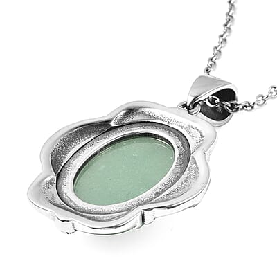 Green Aventurine Carved Rose Pendant Necklace 20 Inches in Stainless Steel 25.00 ctw