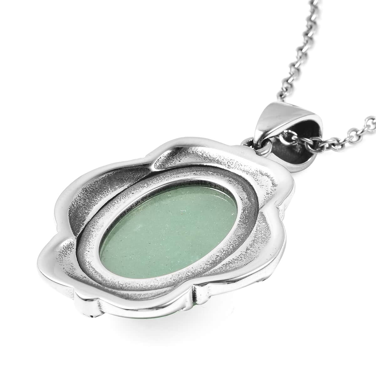 Green Aventurine Carved Rose Pendant Necklace 20 Inches in Stainless Steel 25.00 ctw image number 4