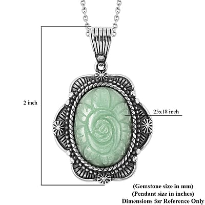 Green Aventurine Carved Rose Pendant Necklace 20 Inches in Stainless Steel 25.00 ctw