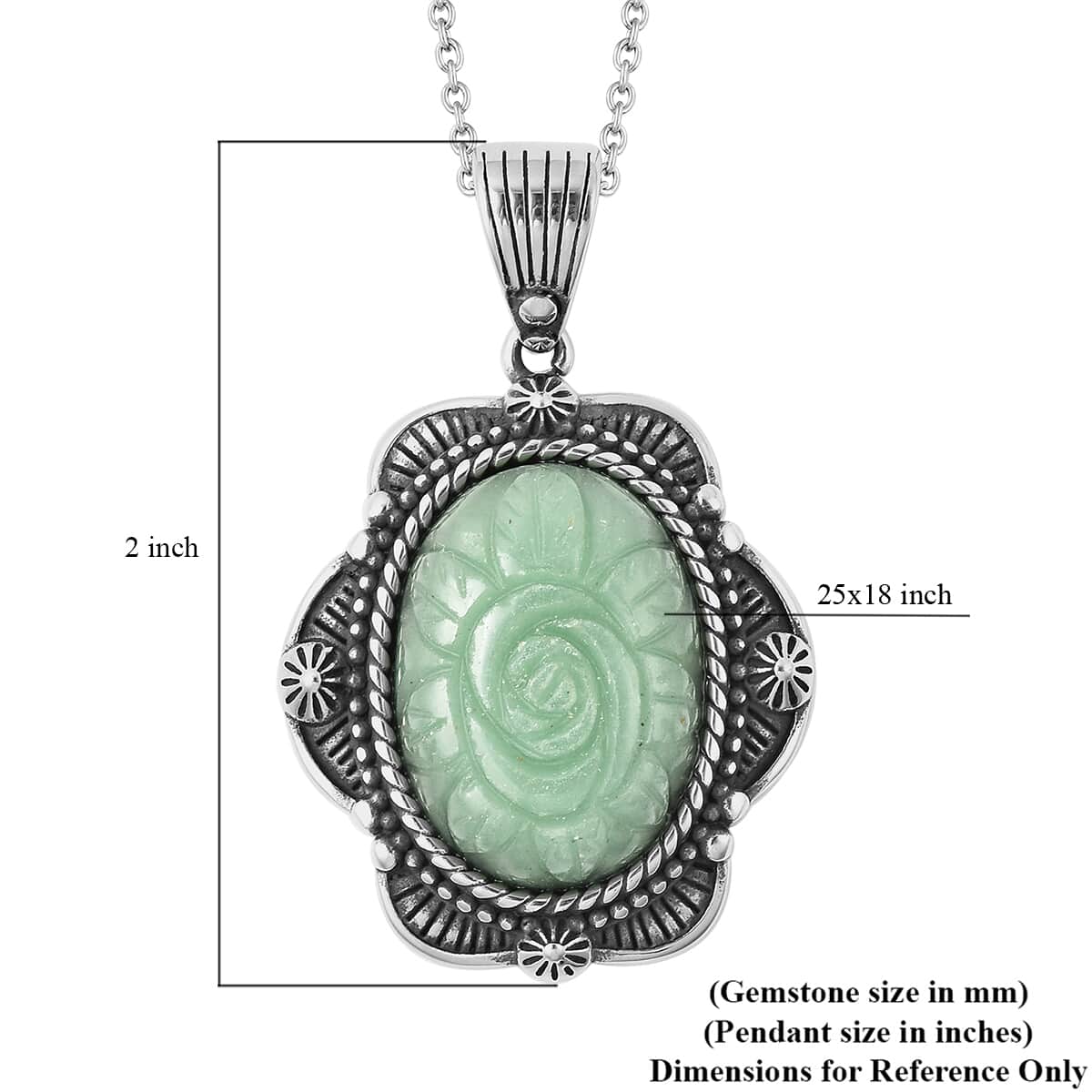 Green Aventurine Carved Rose Pendant Necklace 20 Inches in Stainless Steel 25.00 ctw image number 5