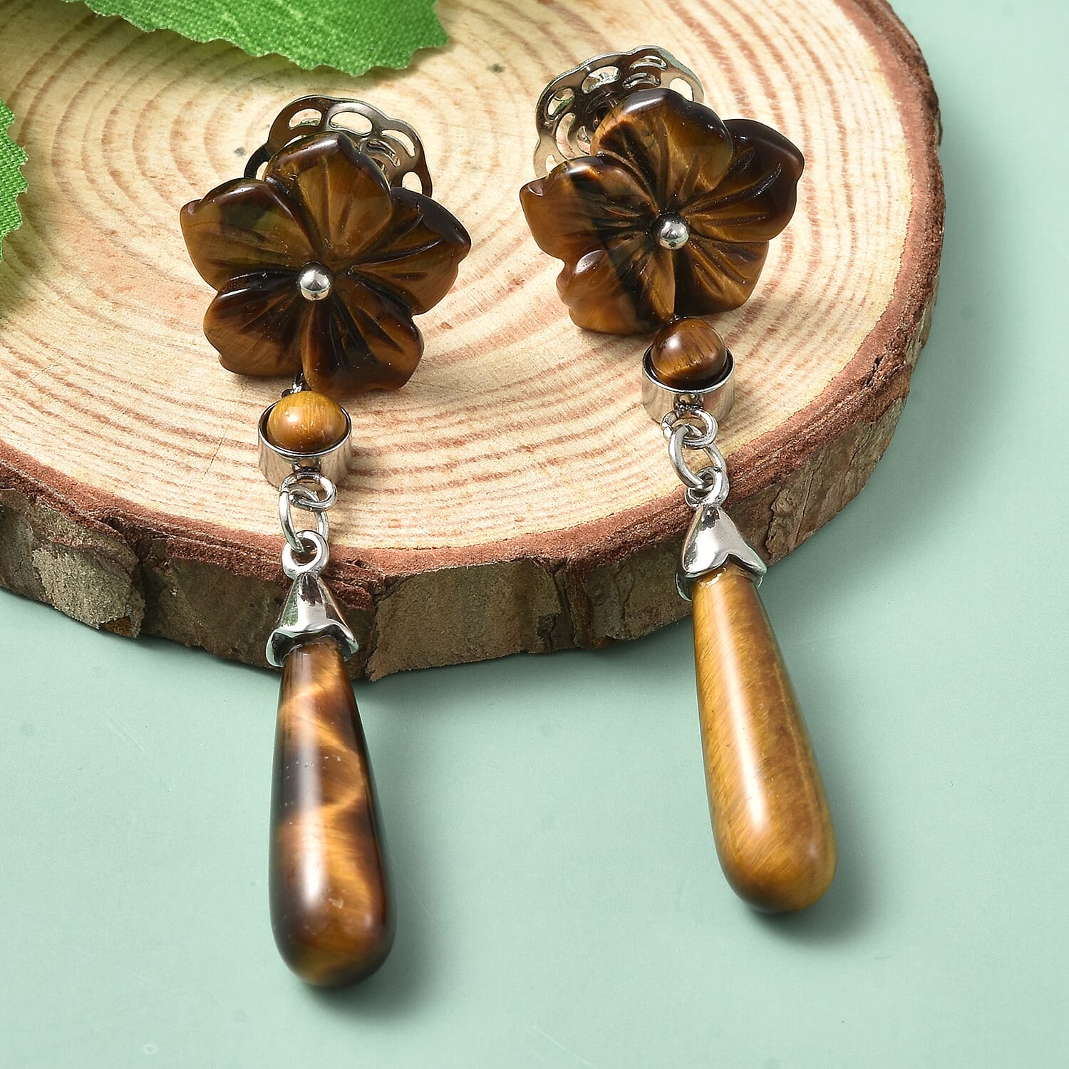 Yellow Tiger's Eye Drop and Flower Carved Earrings in Stainless Steel 15.00 ctw