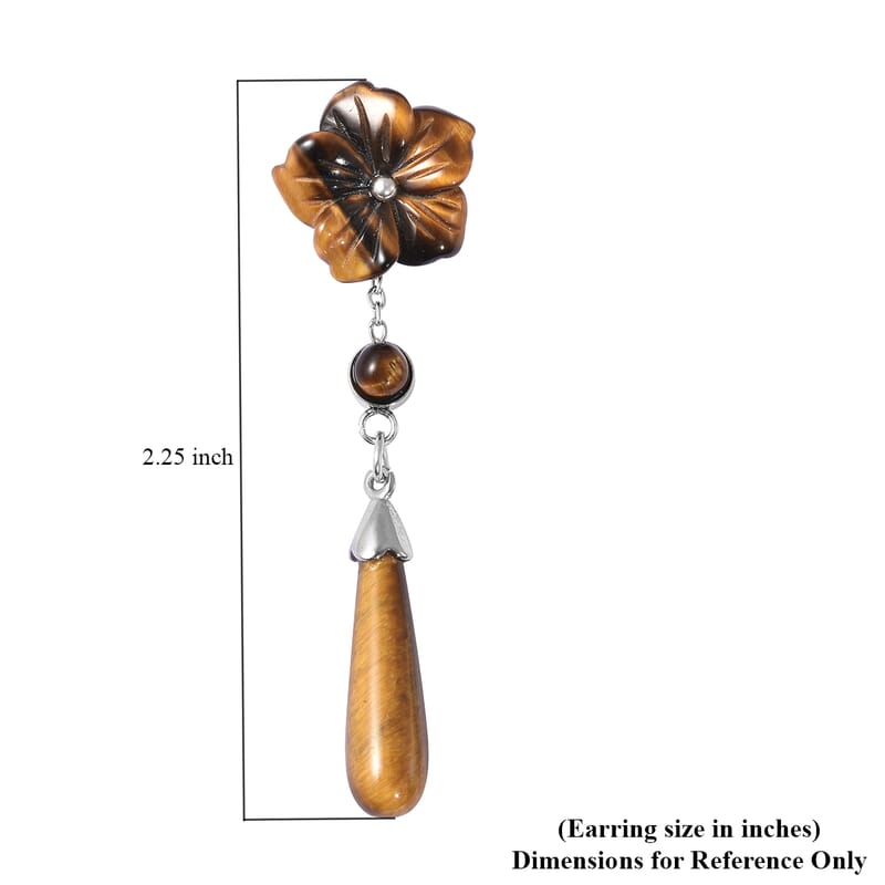 Yellow Tiger's Eye Drop and Flower Carved Earrings in Stainless Steel 15.00 ctw