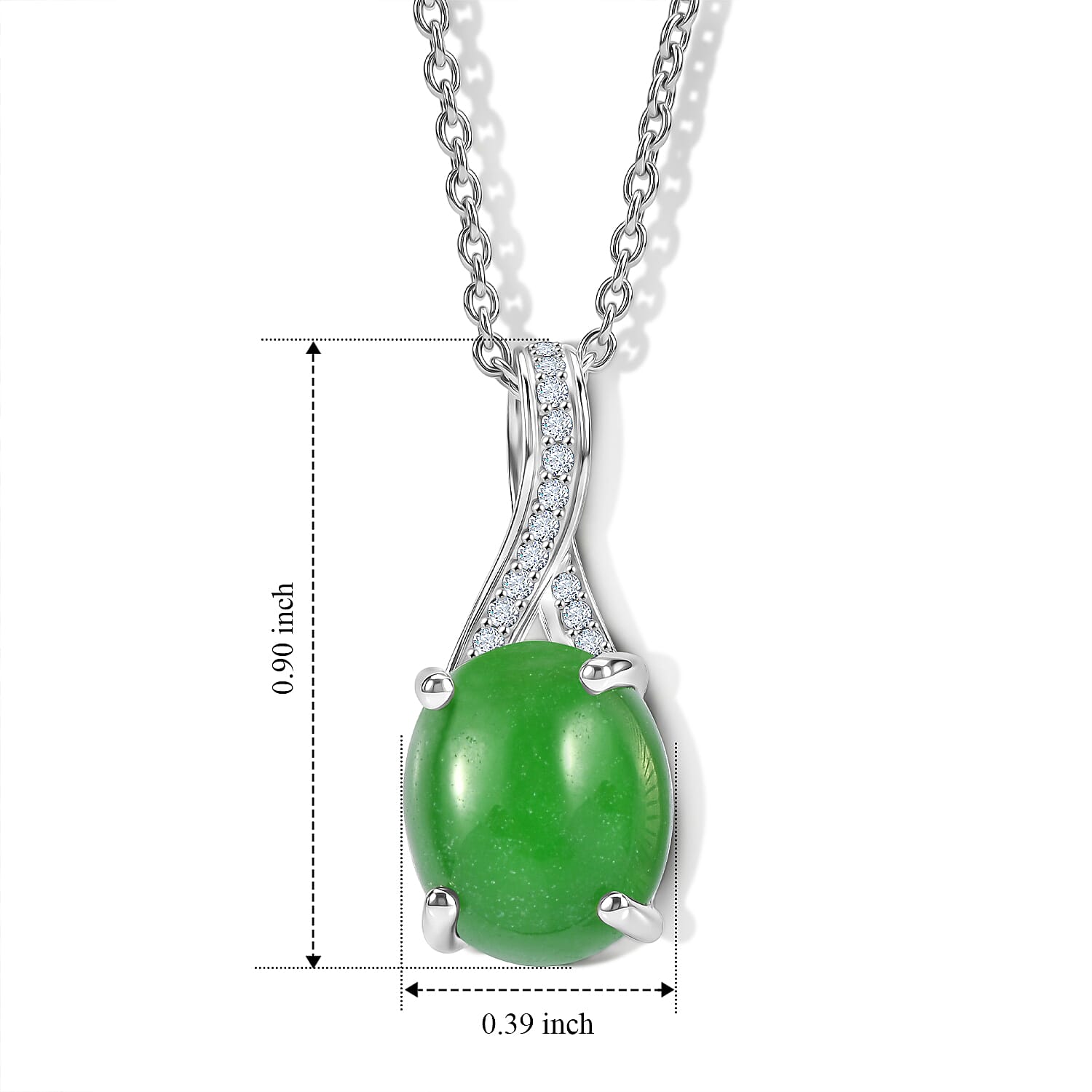 Green Jade, Diamond Platinum Over Sterling Silver Pendant, With Chain (20 in)  5.06 ctw