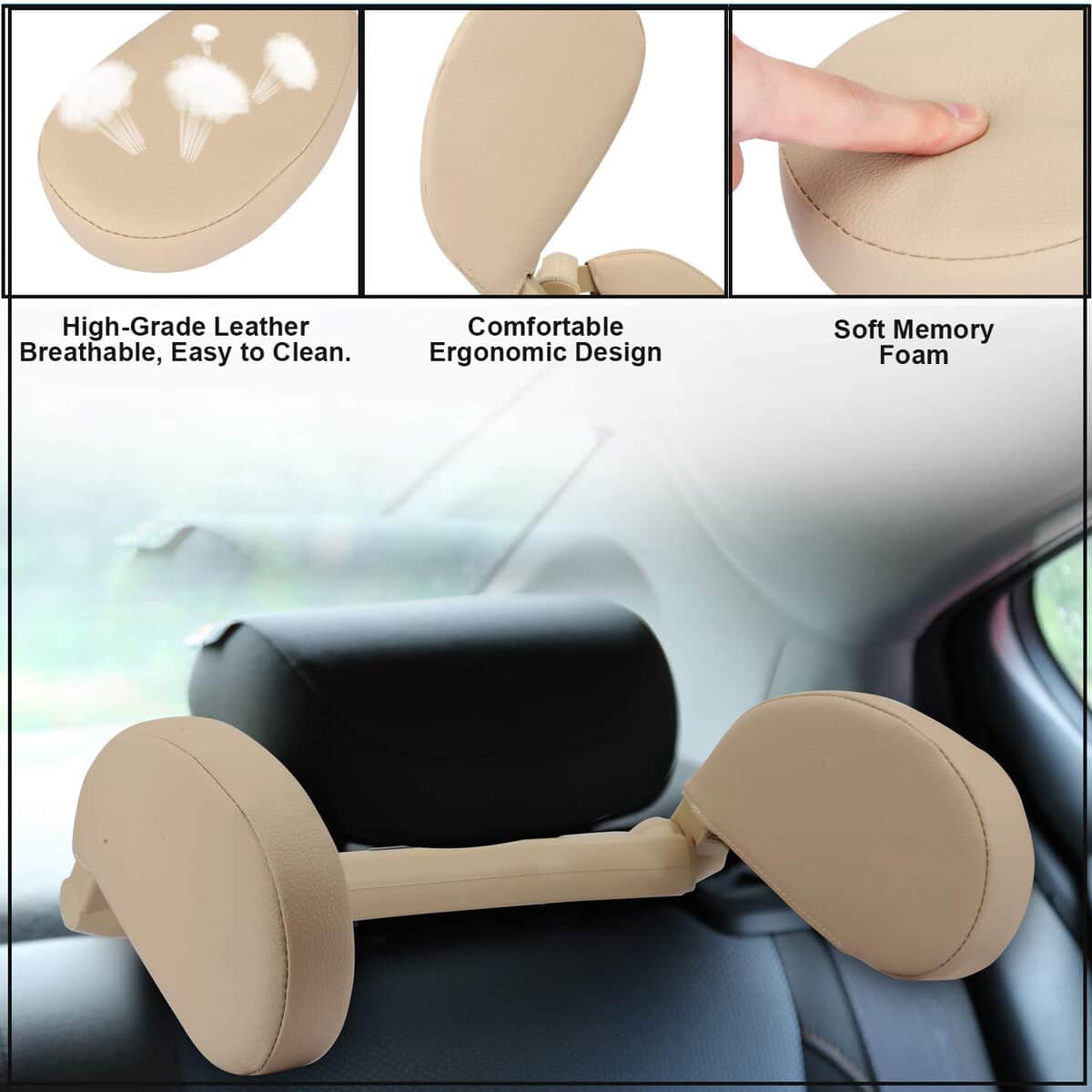 Beige Sweat-resistant Car Sleeping Head rest with Side Wings, 180 Degree Adjustable Neck Rest Pillow, Soft Memory Foam, Mountable on Car Seat image number 2