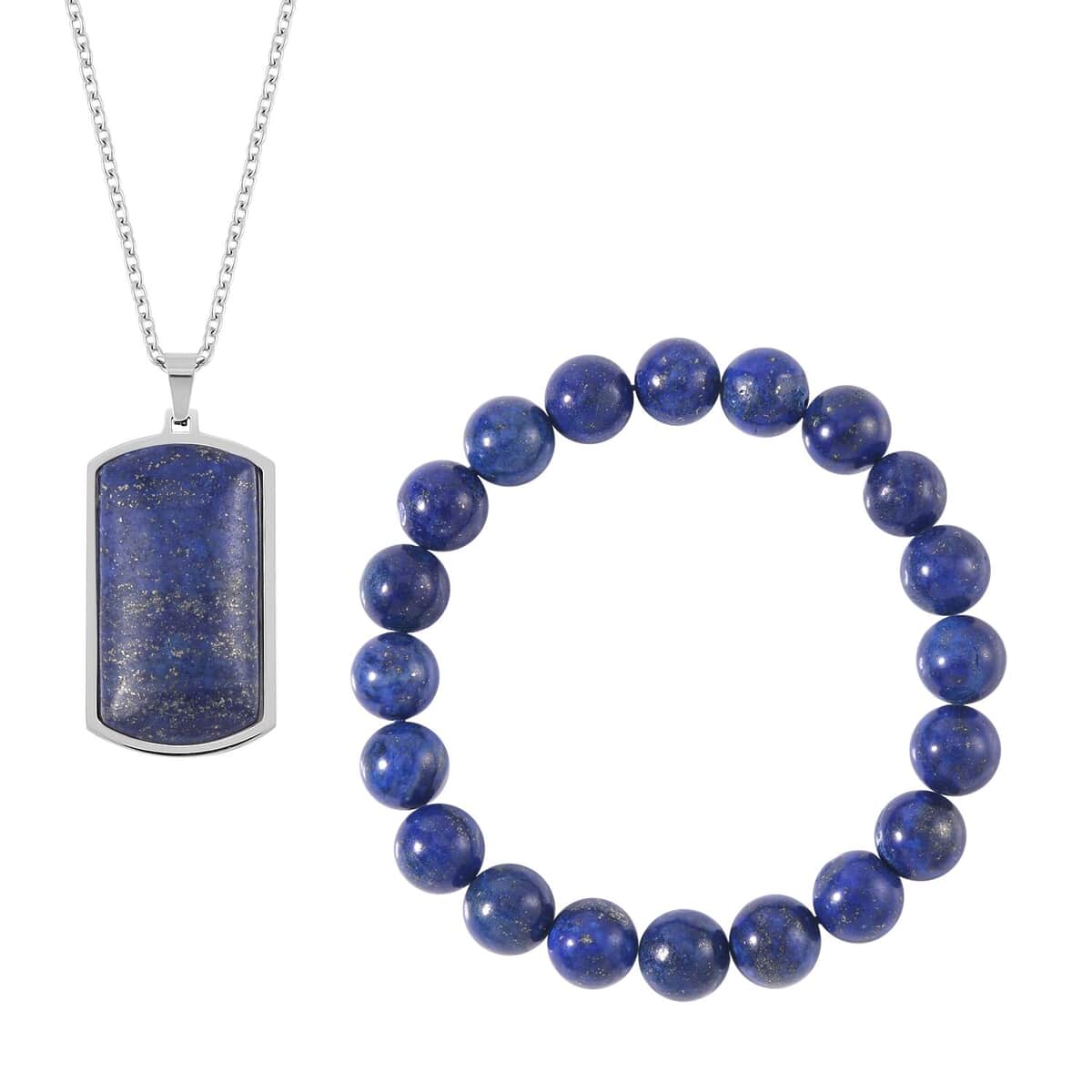 Lapis Lazuli Beaded Stretch Bracelet and Dog Tag Pendant Necklace (24.00 In) in Stainless Steel 219.15 ctw image number 0