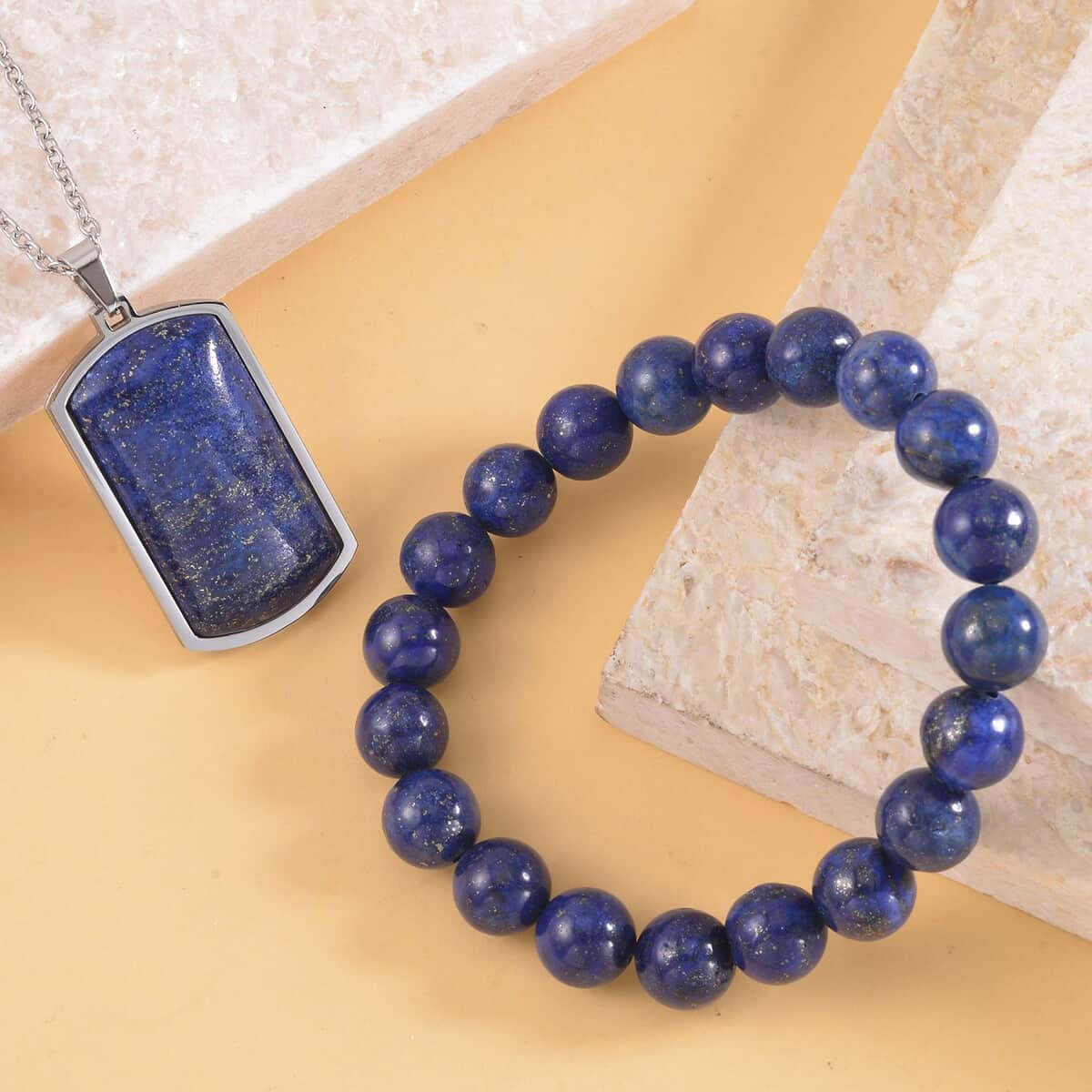 Lapis Lazuli Beaded Stretch Bracelet and Dog Tag Pendant Necklace (24.00 In) in Stainless Steel 219.15 ctw image number 1