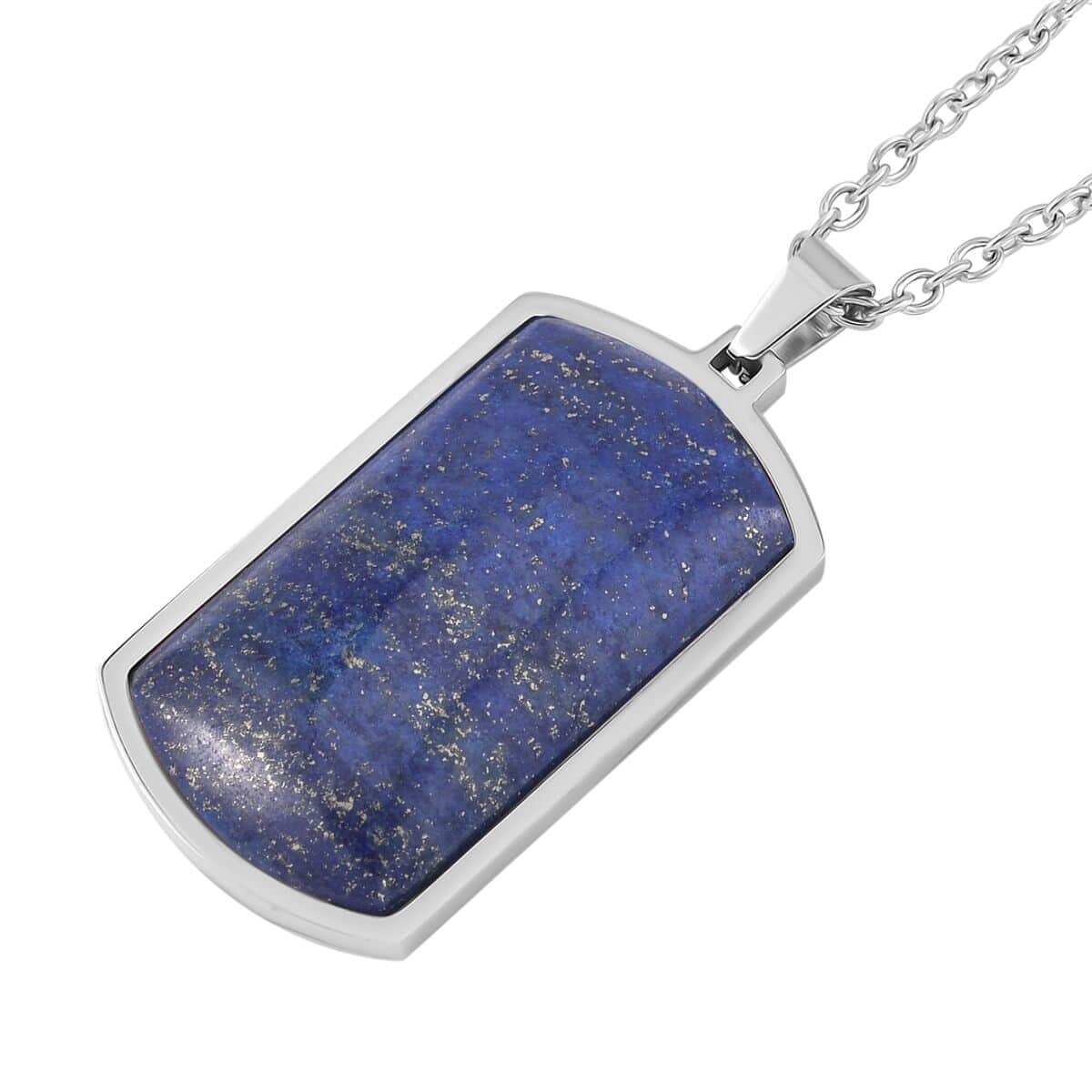 Lapis Lazuli Beaded Stretch Bracelet and Dog Tag Pendant Necklace (24.00 In) in Stainless Steel 219.15 ctw image number 3