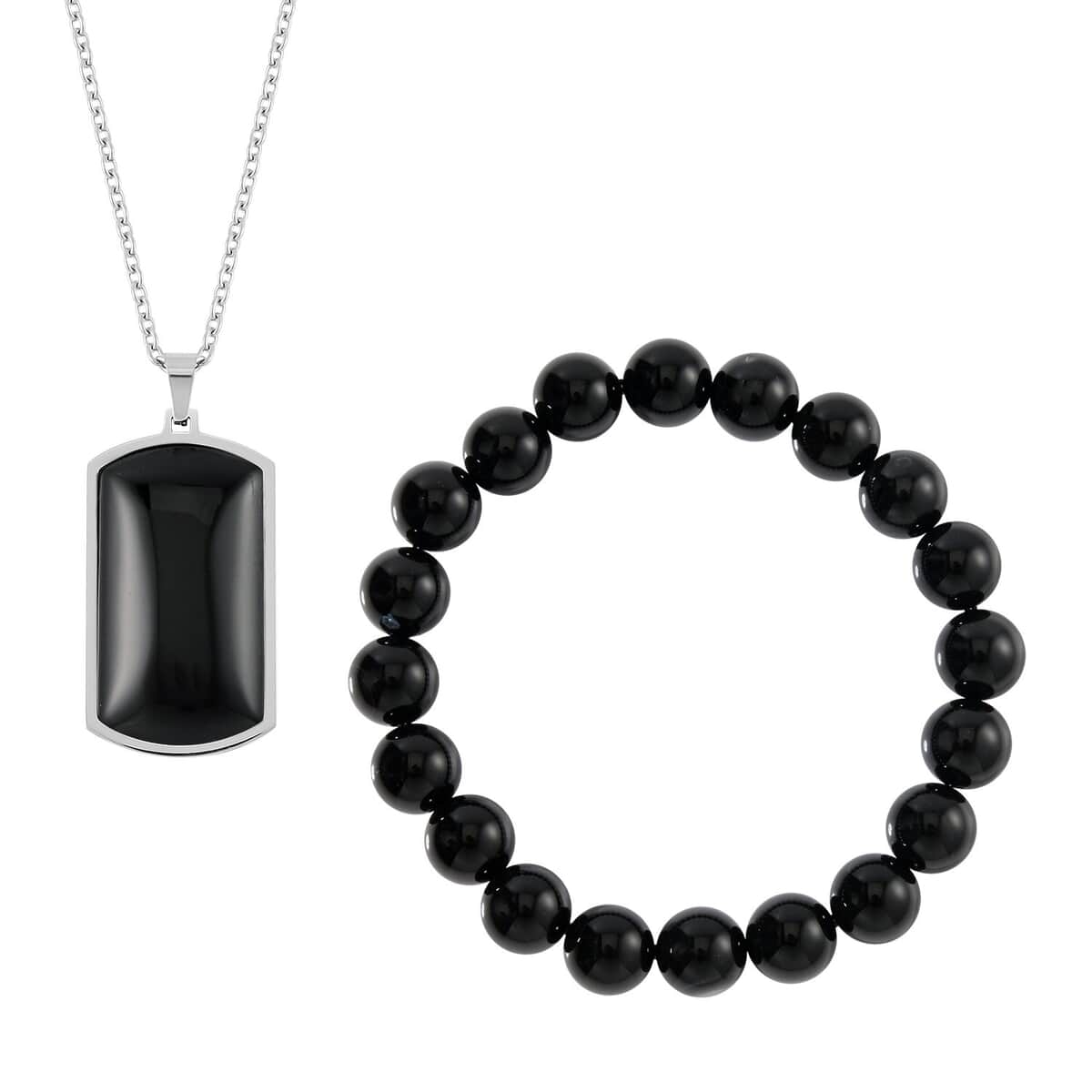 176.80 ctw Enhanced Black Agate Beaded Stretch Bracelet and Dog Tag Pendant Necklace (24.00 In) in Stainless Steel image number 0