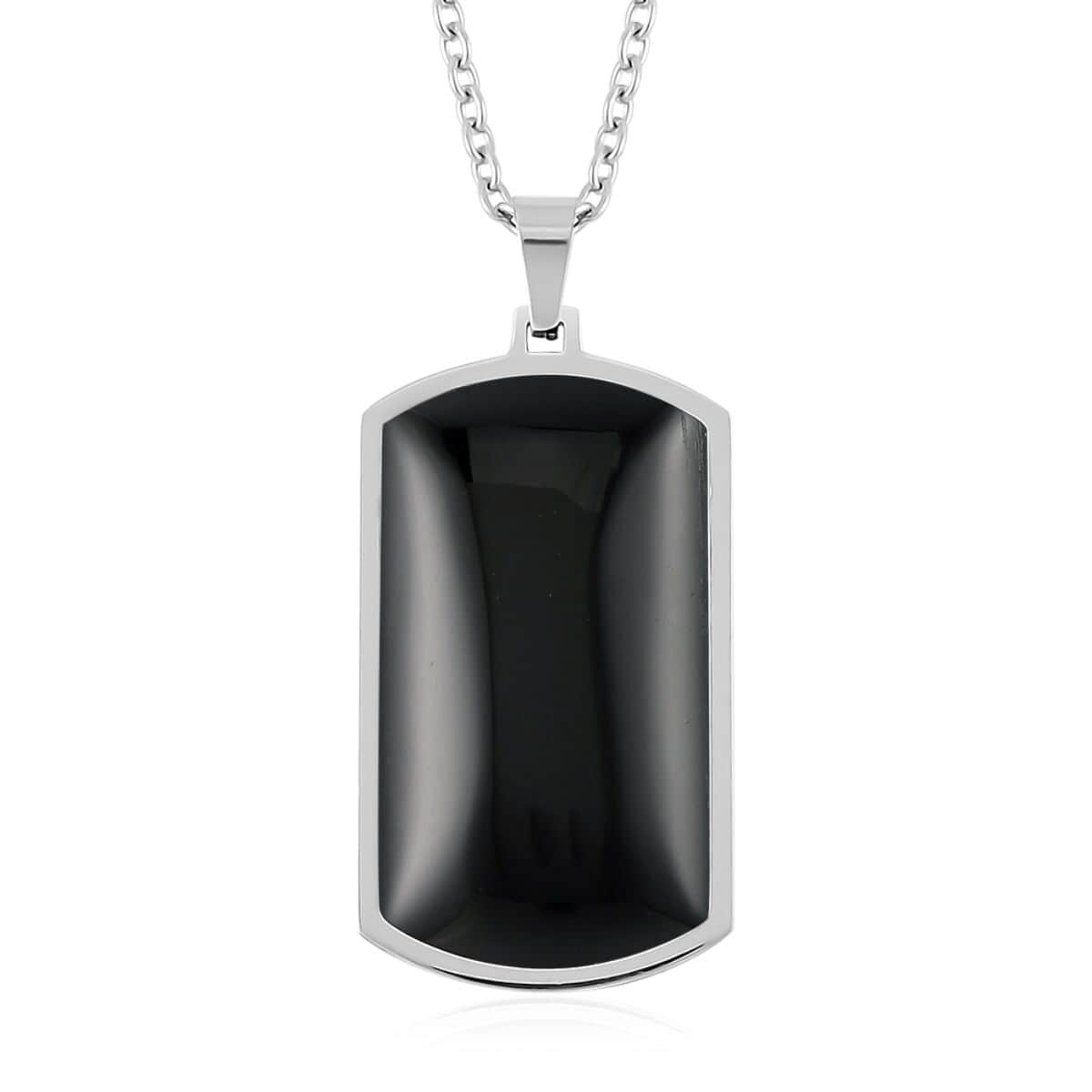 176.80 ctw Enhanced Black Agate Beaded Stretch Bracelet and Dog Tag Pendant Necklace (24.00 In) in Stainless Steel image number 2