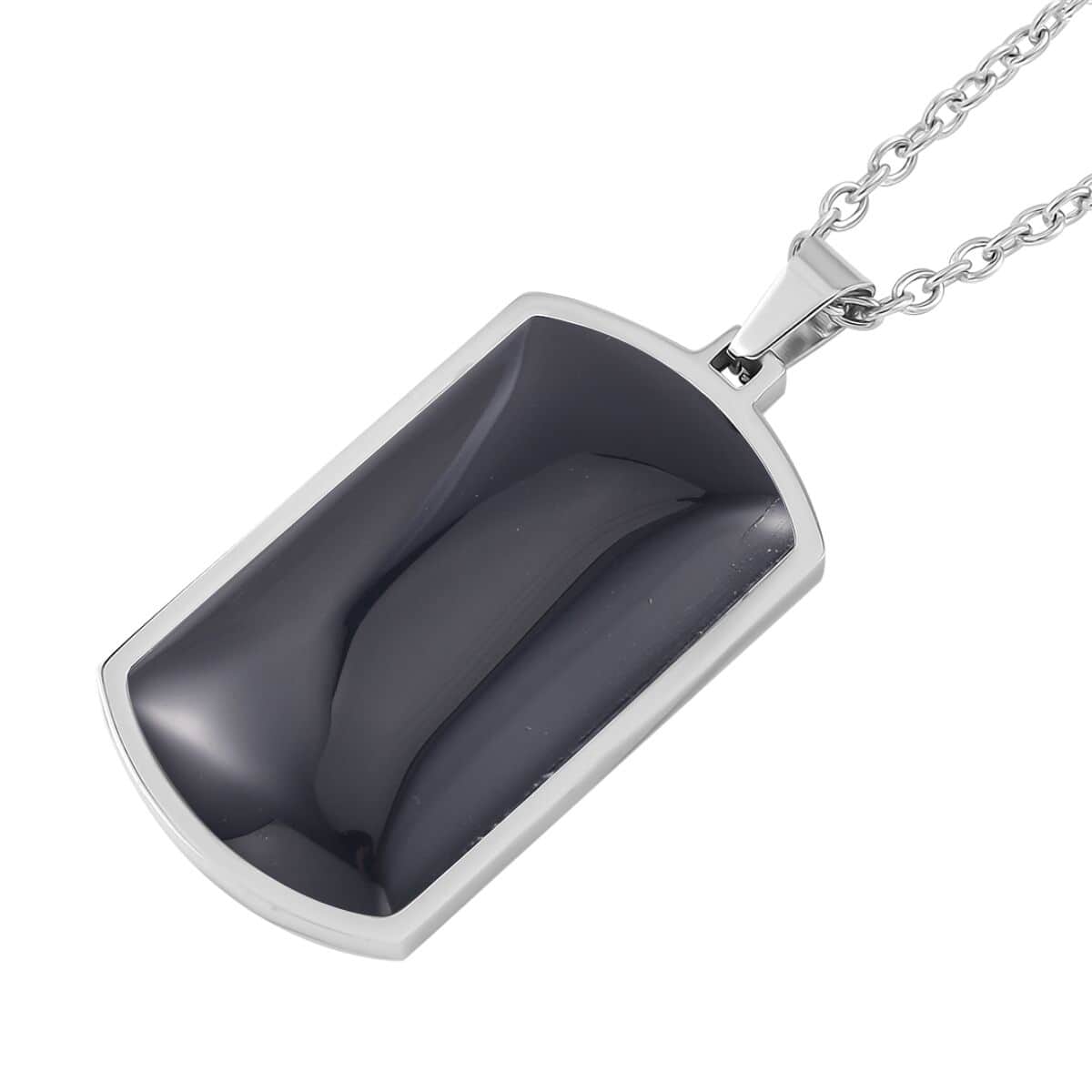 176.80 ctw Enhanced Black Agate Beaded Stretch Bracelet and Dog Tag Pendant Necklace (24.00 In) in Stainless Steel image number 3