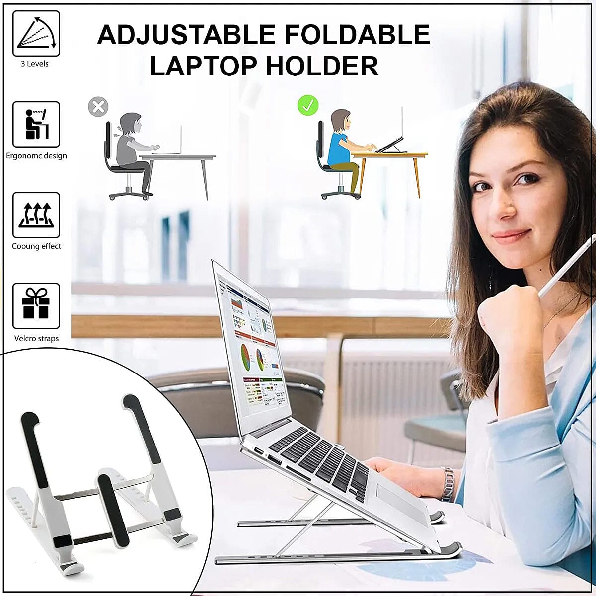 White Silicone and Stainless Steel Adjustable Total of 8 Different Angles Foldable Laptop Holder image number 1