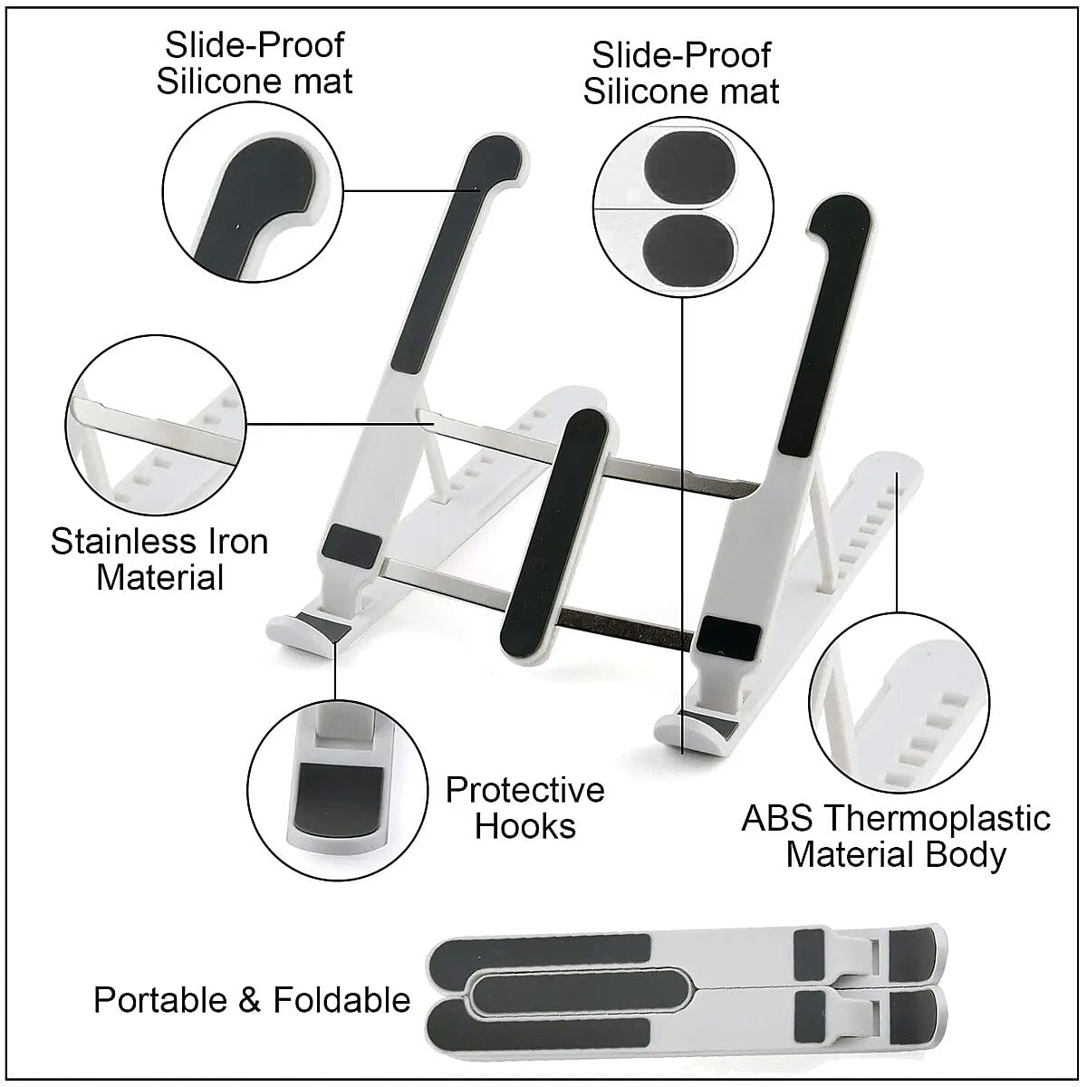White Silicone and Stainless Steel Adjustable Total of 8 Different Angles Foldable Laptop Holder image number 2