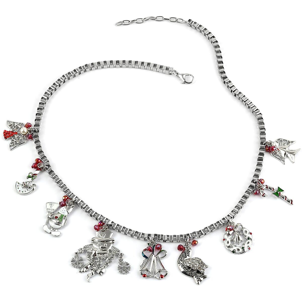 Red Magic Color Glass and Simulated Pearl, Multi Color Austrian Crystal Charm Necklace 20 Inches in Silvertone image number 0