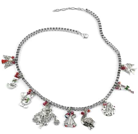 Red Magic Color Glass and Simulated Pearl, Multi Color Austrian Crystal Charm Necklace 20 Inches in Silvertone image number 0