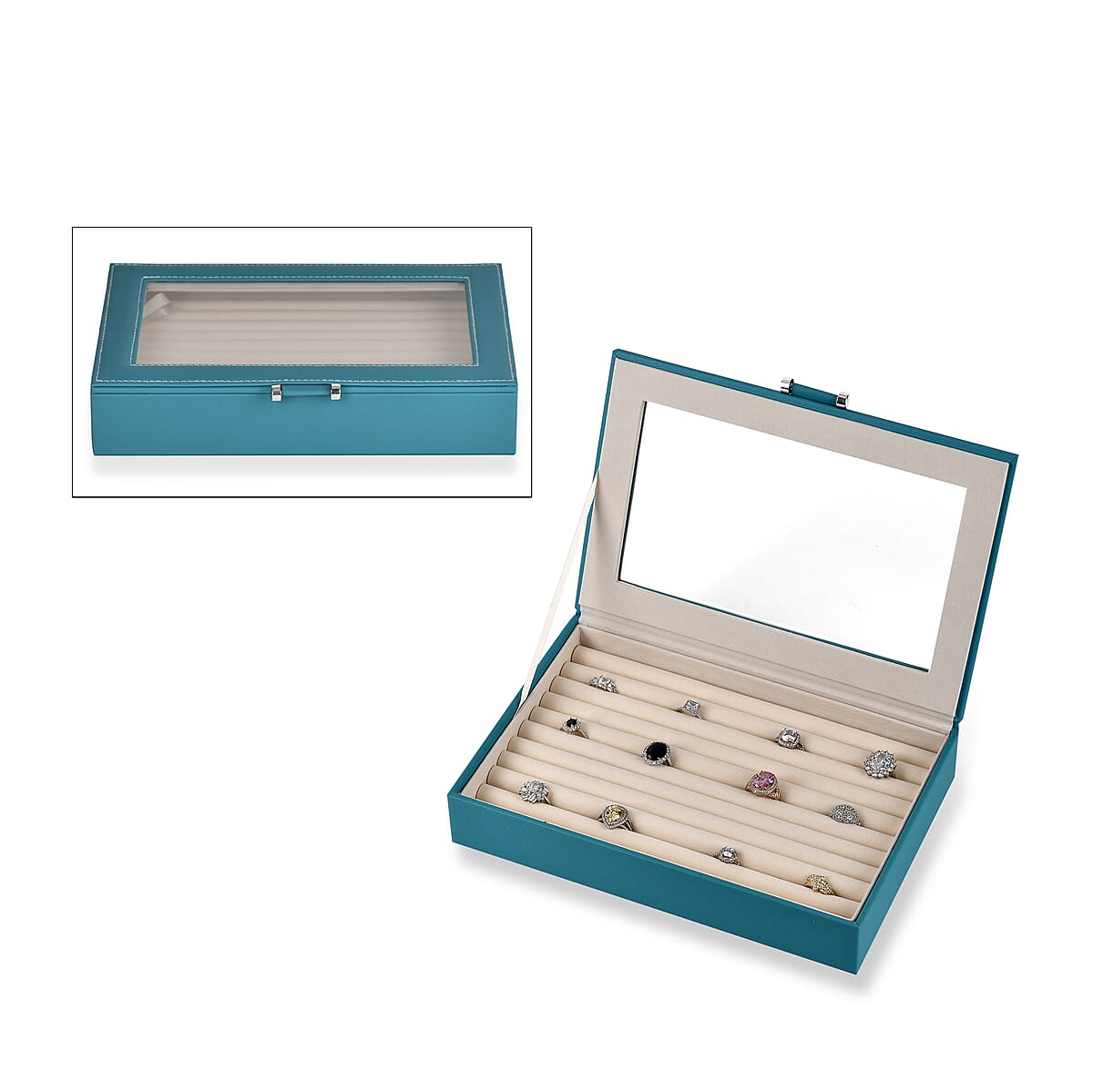 Teal Faux Leather Anti- Tarnish Lining Ring and Earrings Box with Glass Window (Approx 100 Slots) image number 0