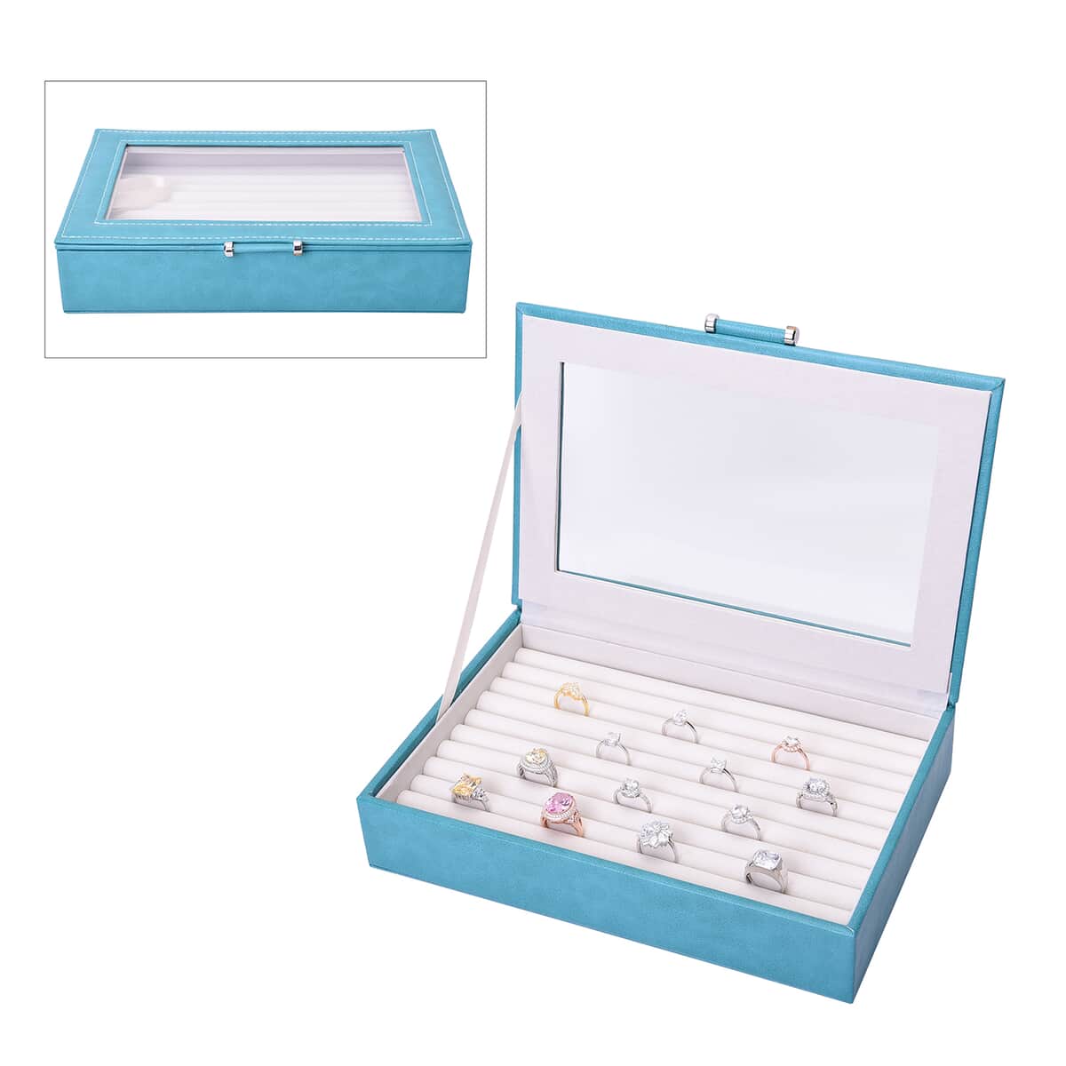 Teal Faux Leather Anti- Tarnish Lining Ring and Earrings Box with Glass Window (Approx 100 Slots) image number 0