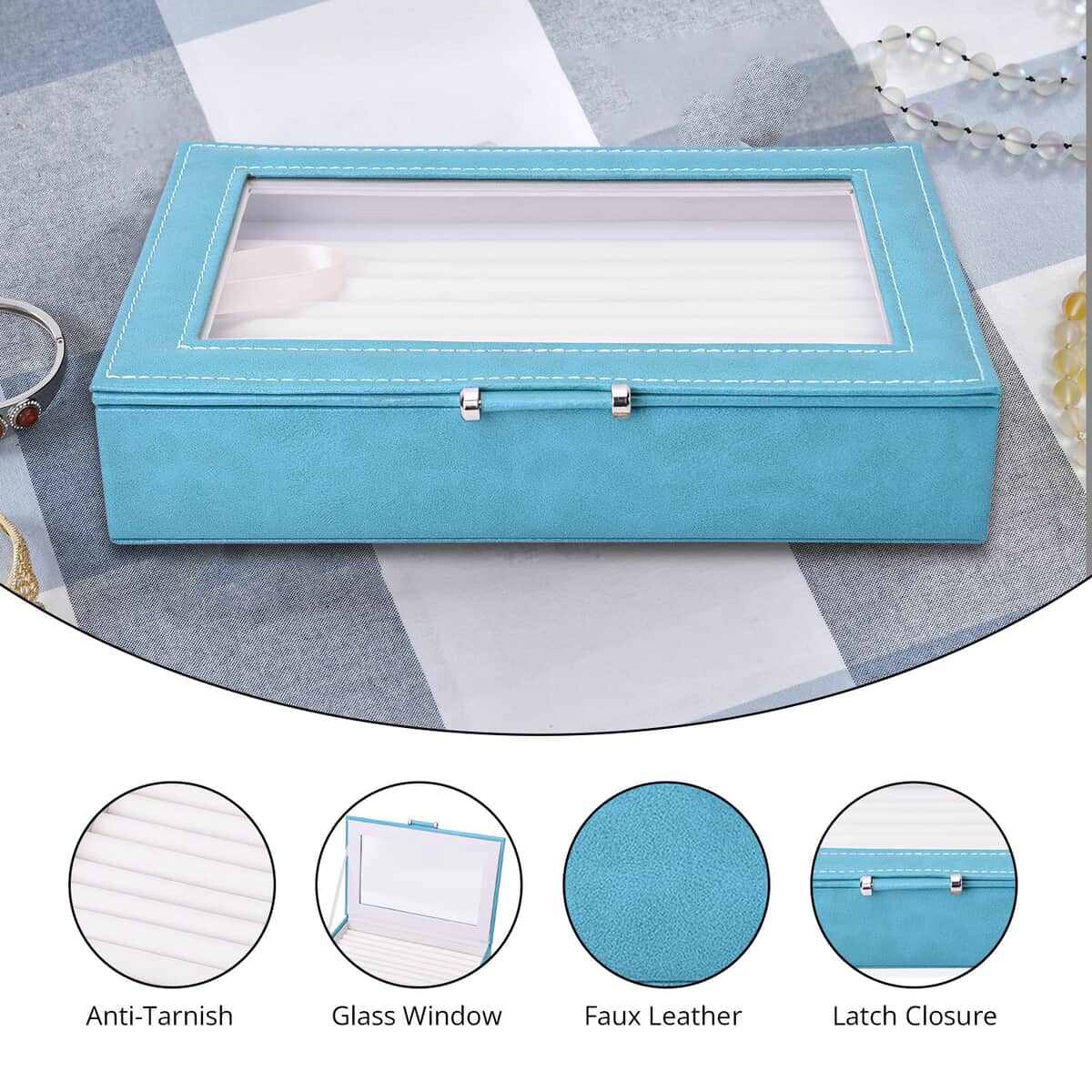 Teal Faux Leather Anti- Tarnish Lining Ring and Earrings Box with Glass Window (Approx 100 Slots) image number 1
