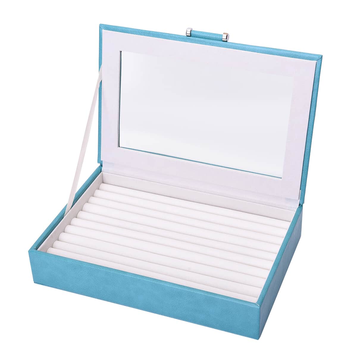 Teal Faux Leather Anti- Tarnish Lining Ring and Earrings Box with Glass Window (Approx 100 Slots) image number 6